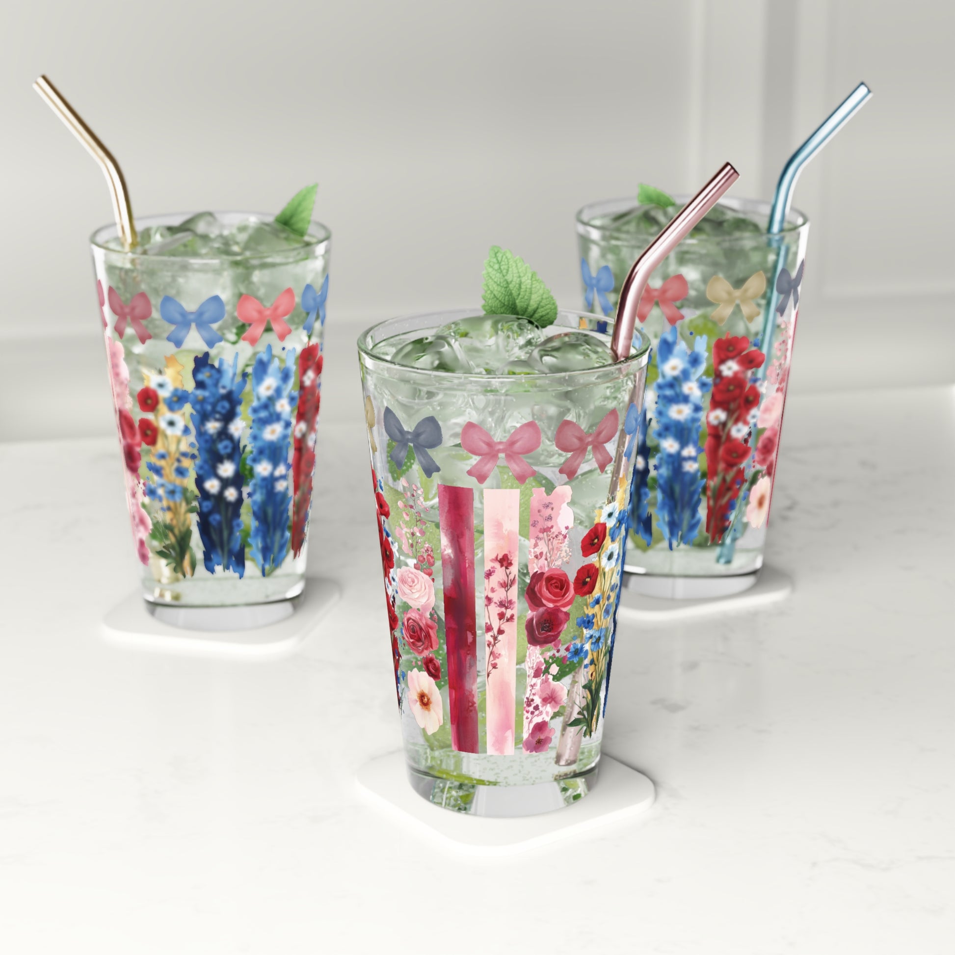 Coquette 16oz Pint Glass Pink Blue Bows, Brushstroke Floral Illusion, Aesthetic Drinkware, Feminine Cottagecore Gift for Her Home Decor