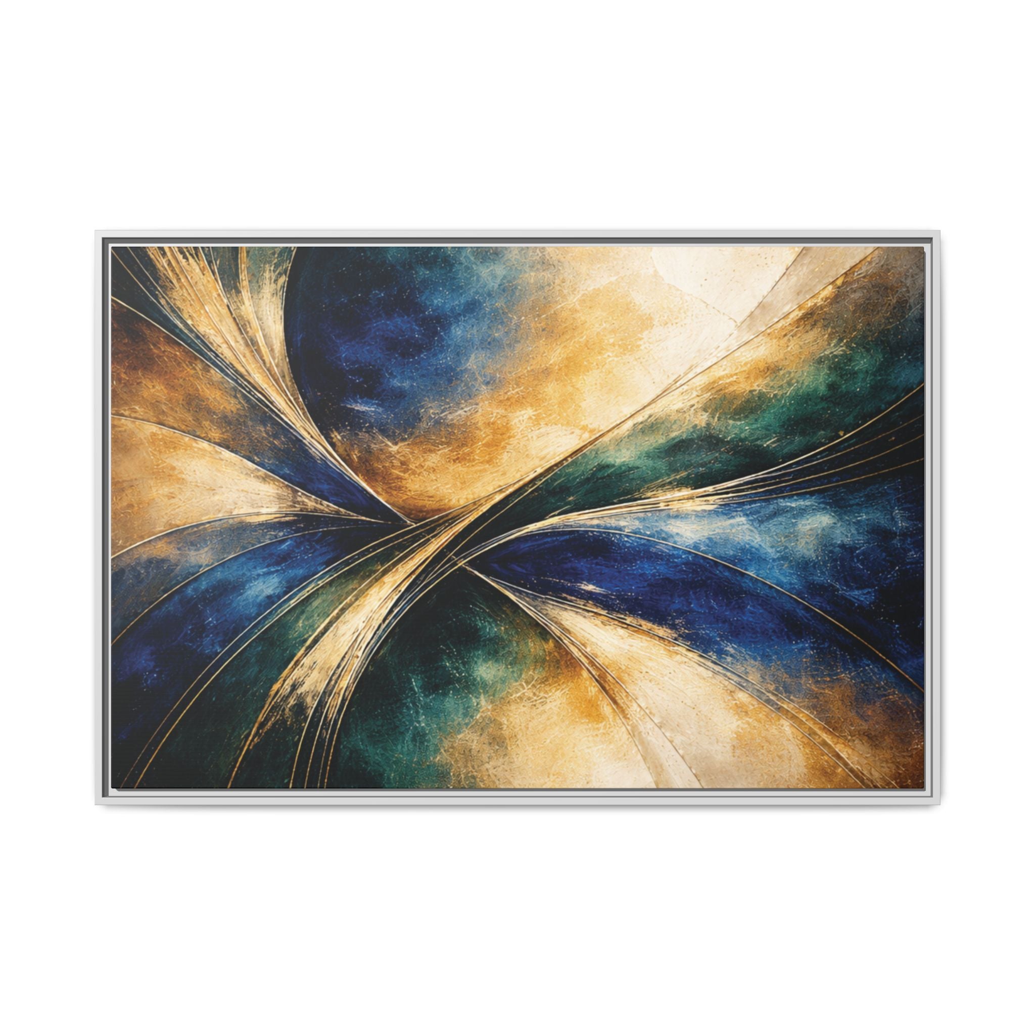 Gilded Convergence  Luxe NeoDeco Blue & Gold Abstract Wall Art Framed