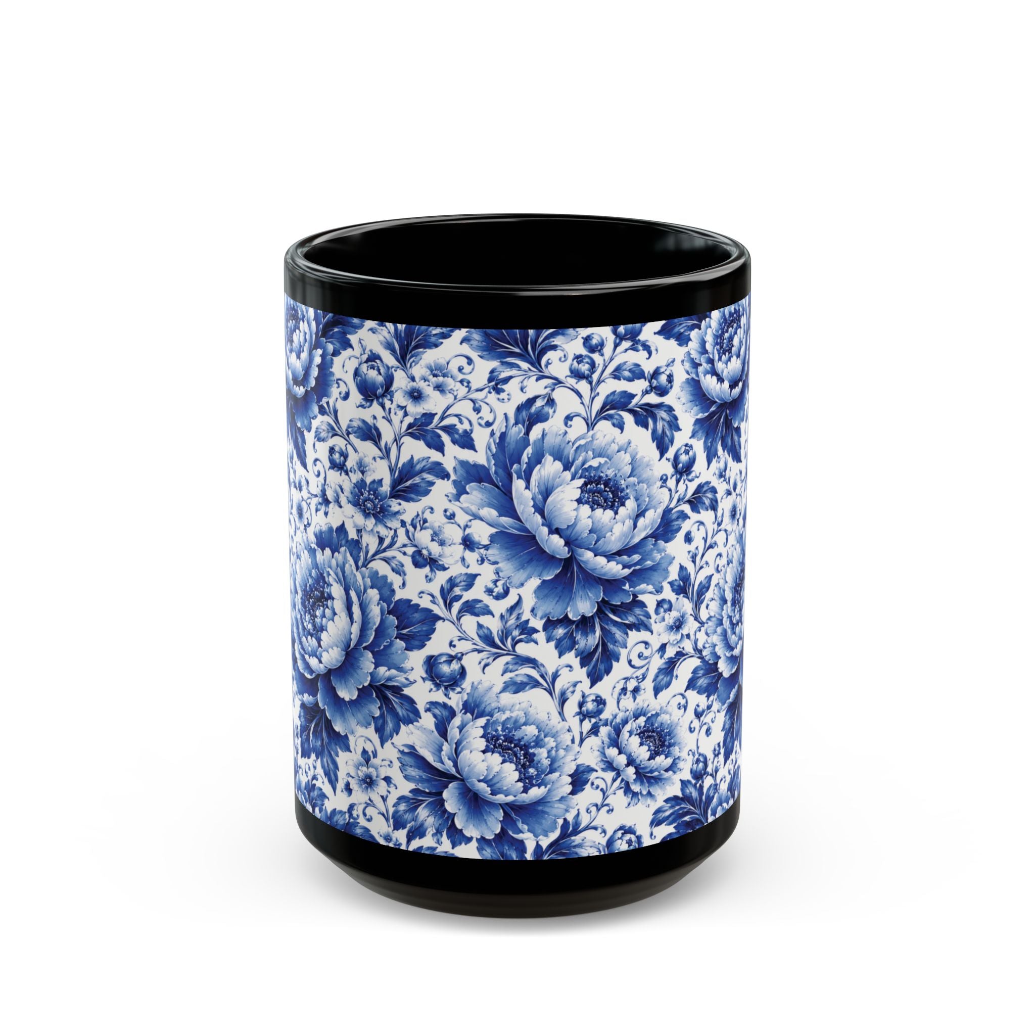 Blue Floral Porcelain Pattern Mug Elegant Black Ceramic Coffee Cup (11oz/15oz) Blue & White Chinoiserie Tea Cup