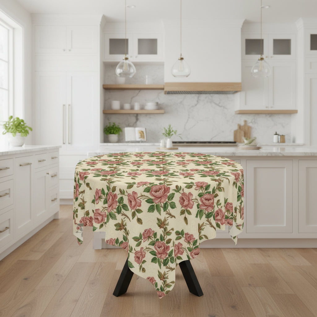 Floral tablecloth with pink roses on a white background