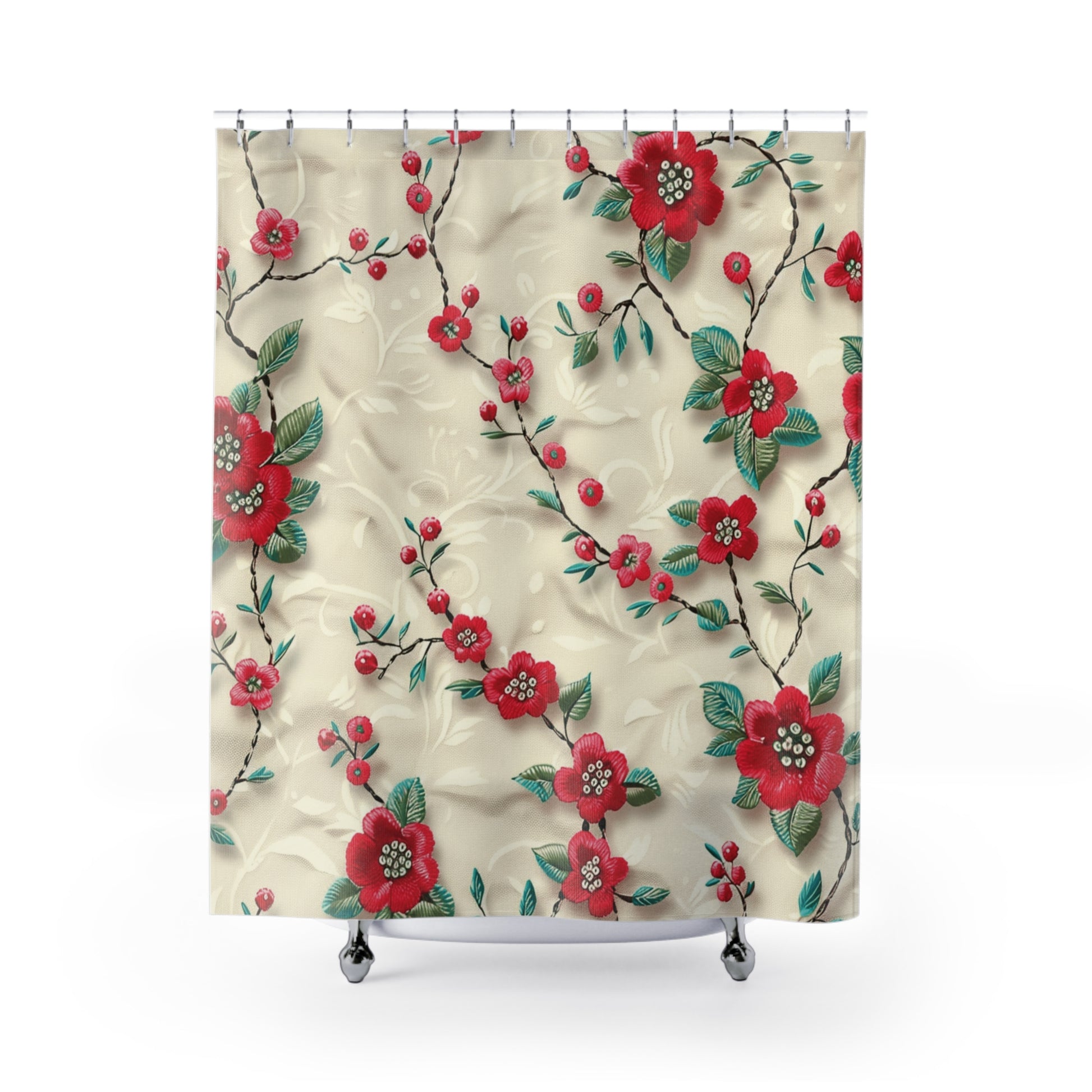 New House 3D Embroidery Illusion Red Flowers Shower Curtain Vibrant for Bathroom Makeover Wedding Gift for Mom Bridal Shower Gift Newlywed - MRSBYVALLE