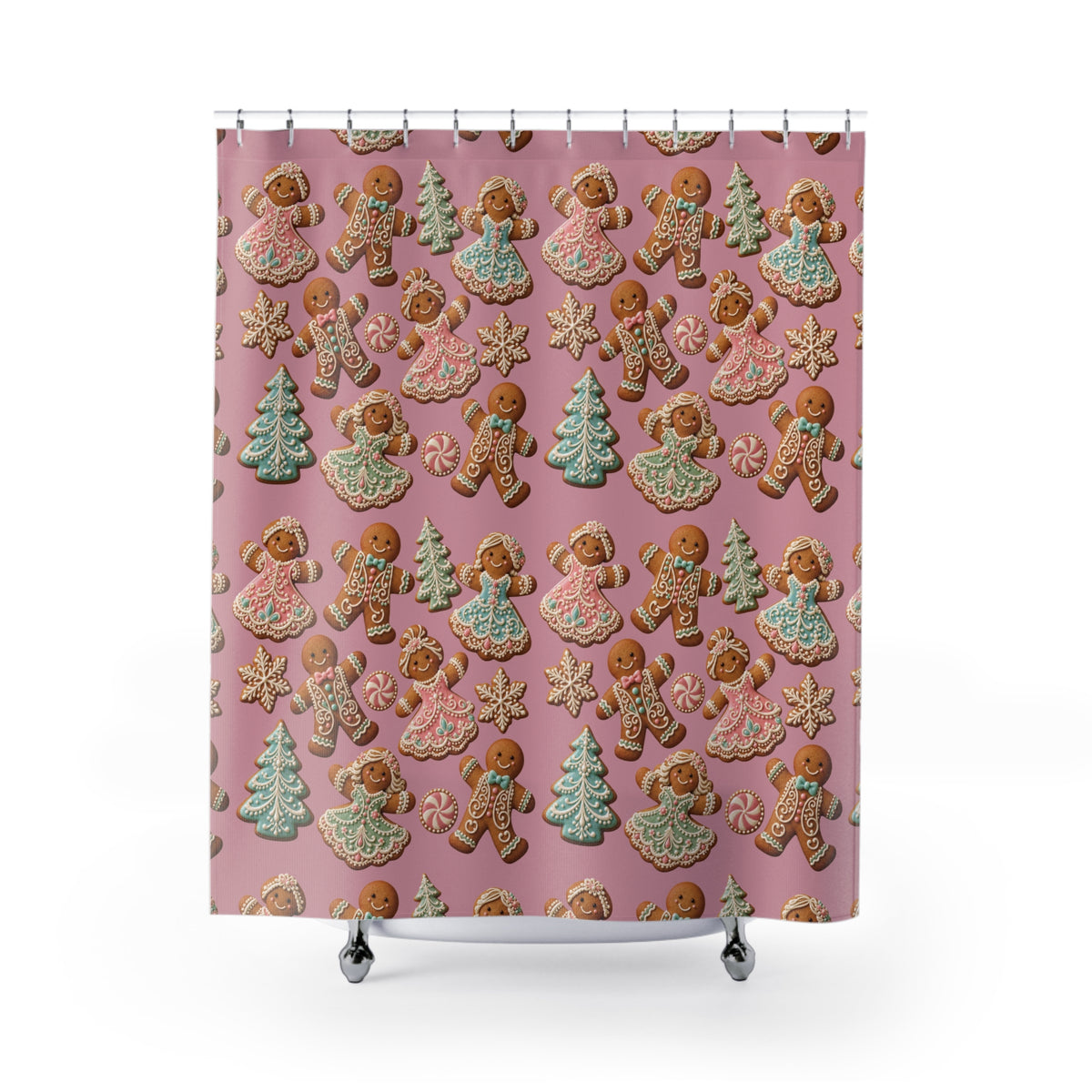 Gingerbread Holiday Shower Curtain — Pink Cookie Pattern with Trees, Angels & Snowflakes