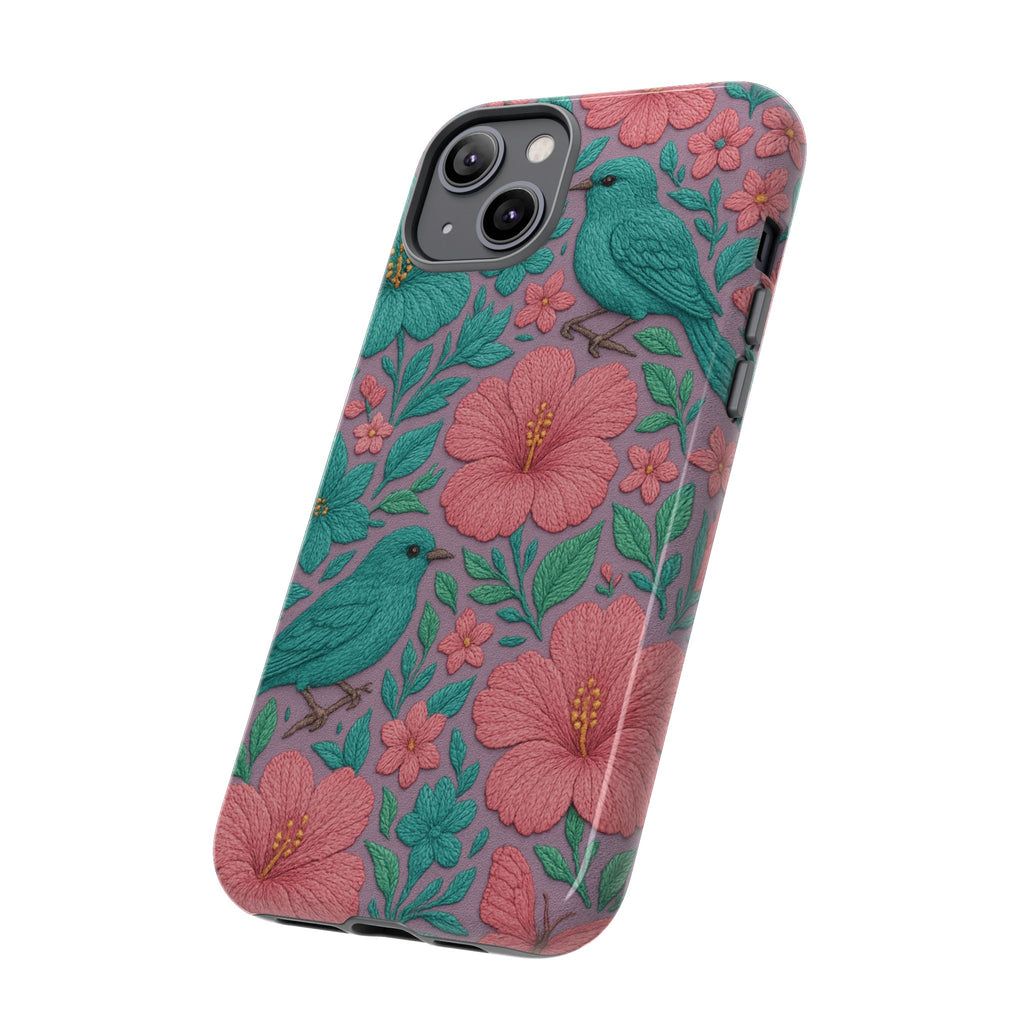 Turquoise, Pink and Lavender 3D Embroidery Illusion Phone Case Tropical Flowers, Birds & Butterflies Cover with Bold, Realistic Floral Texture iPhone, Samsung