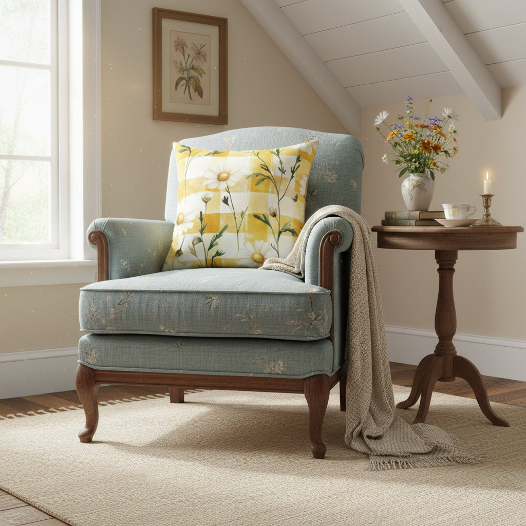 Decorative pillow with floral design on a yellow and white checkered background