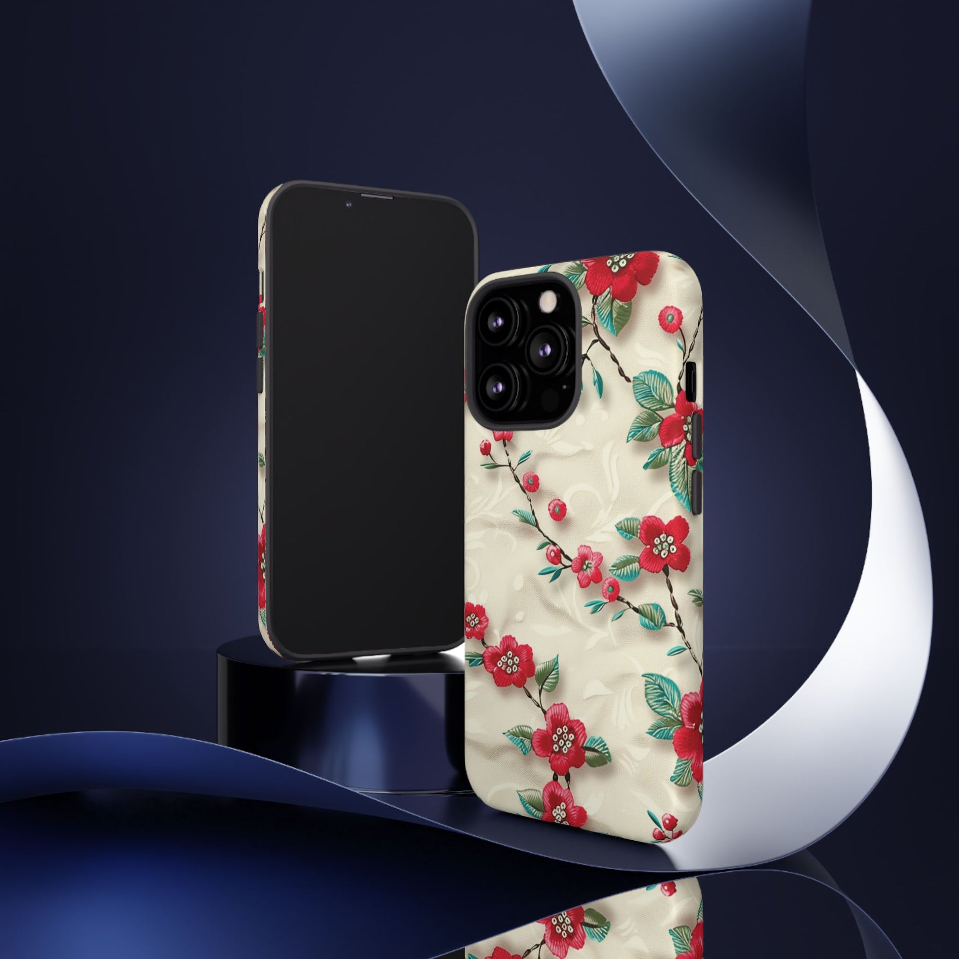 3D Embroidery Illusion Red Flowers Phone Case for iPhone, Samsung Pixel Artistic Floral Protection 15 14 13 12, 21 23 Gift for Her Perfect for Floral Lover