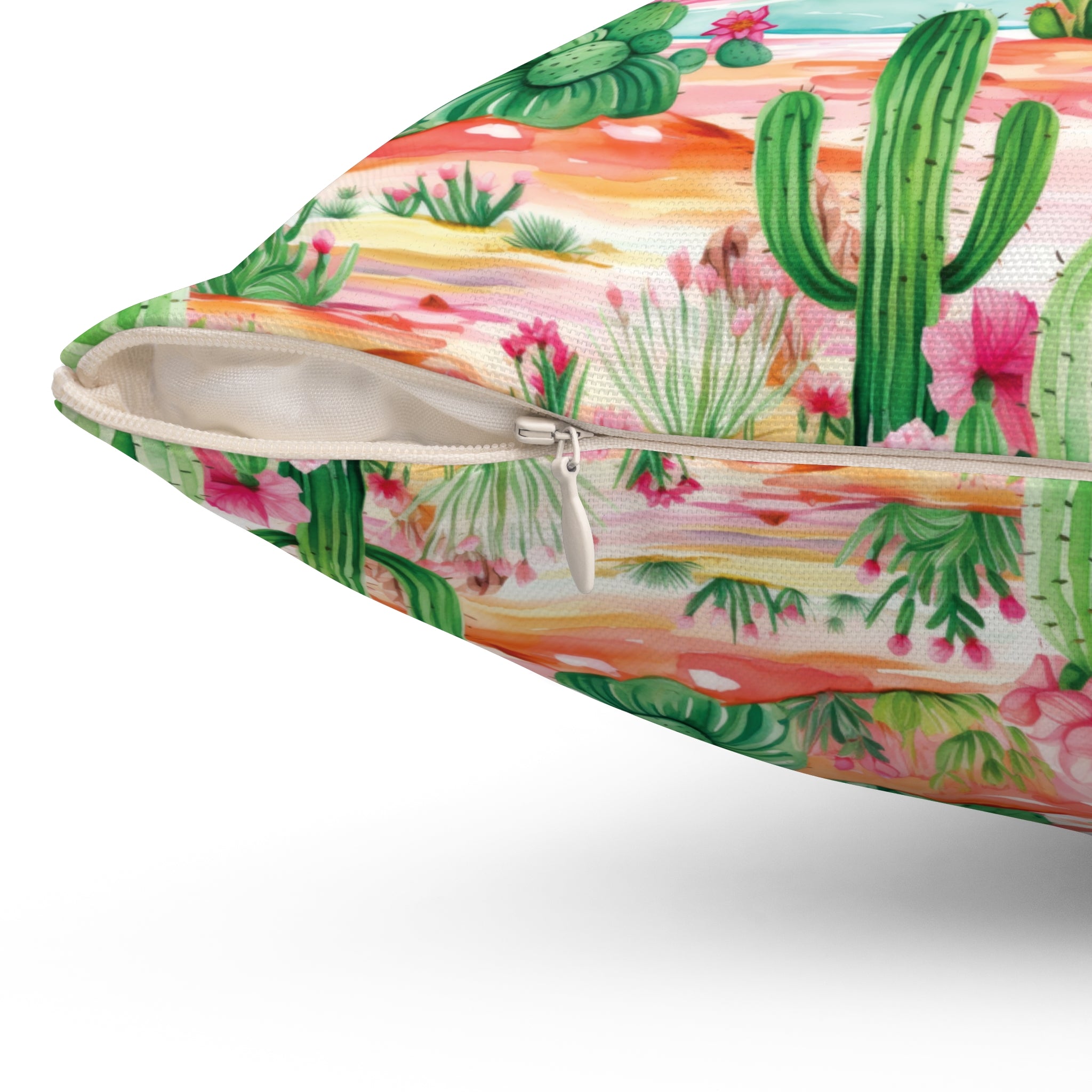 Cactus Pillow Pink and Mint Green Cactus Decorative Pillow  Stylish Square Cushion with Cactus Flowers | Vibrant Home Décor Accent for a Fresh, Nature-Inspired Look