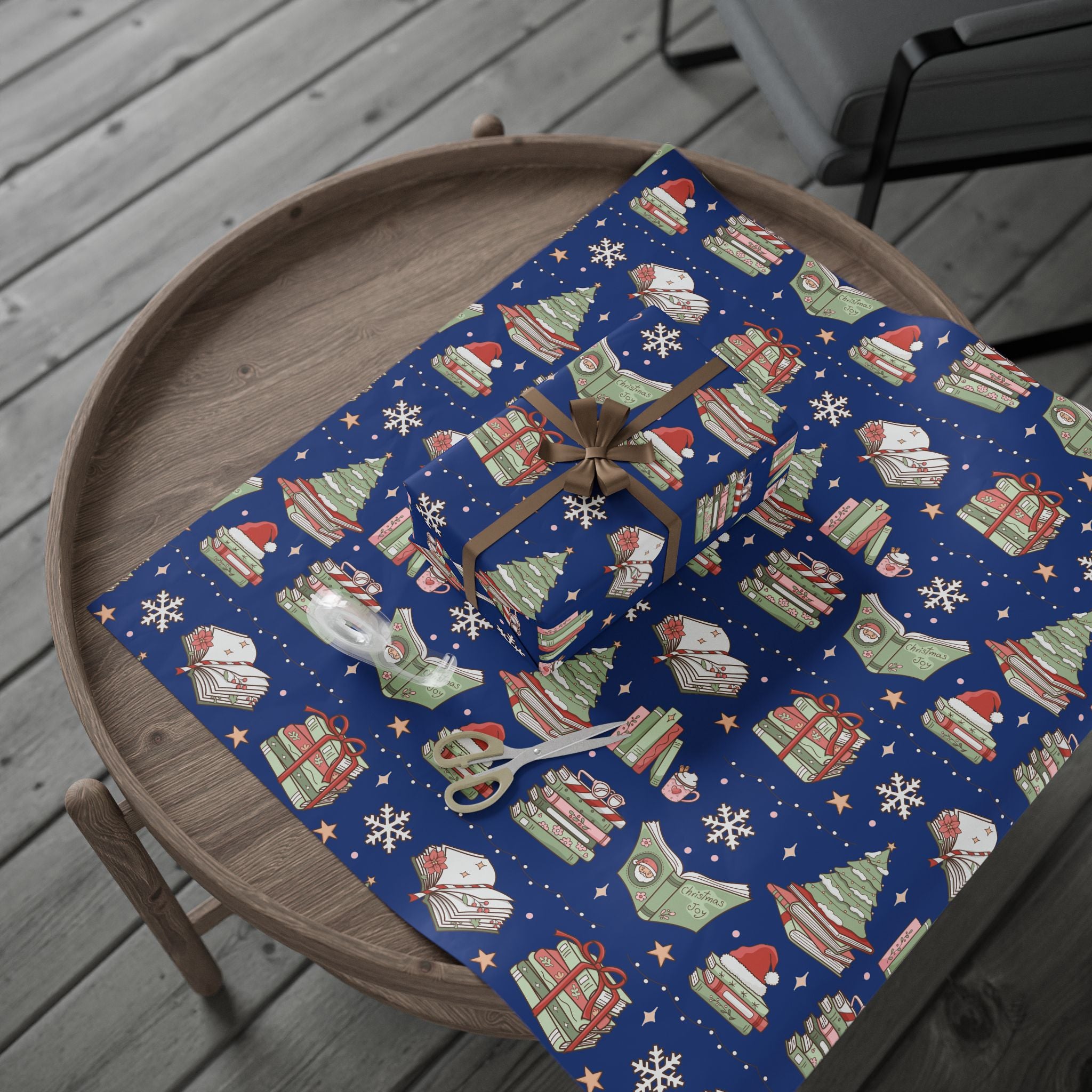 Papiers Cadeaux Bleu Royal Noël Livres et Café Emballage Cadeau de Fêtes