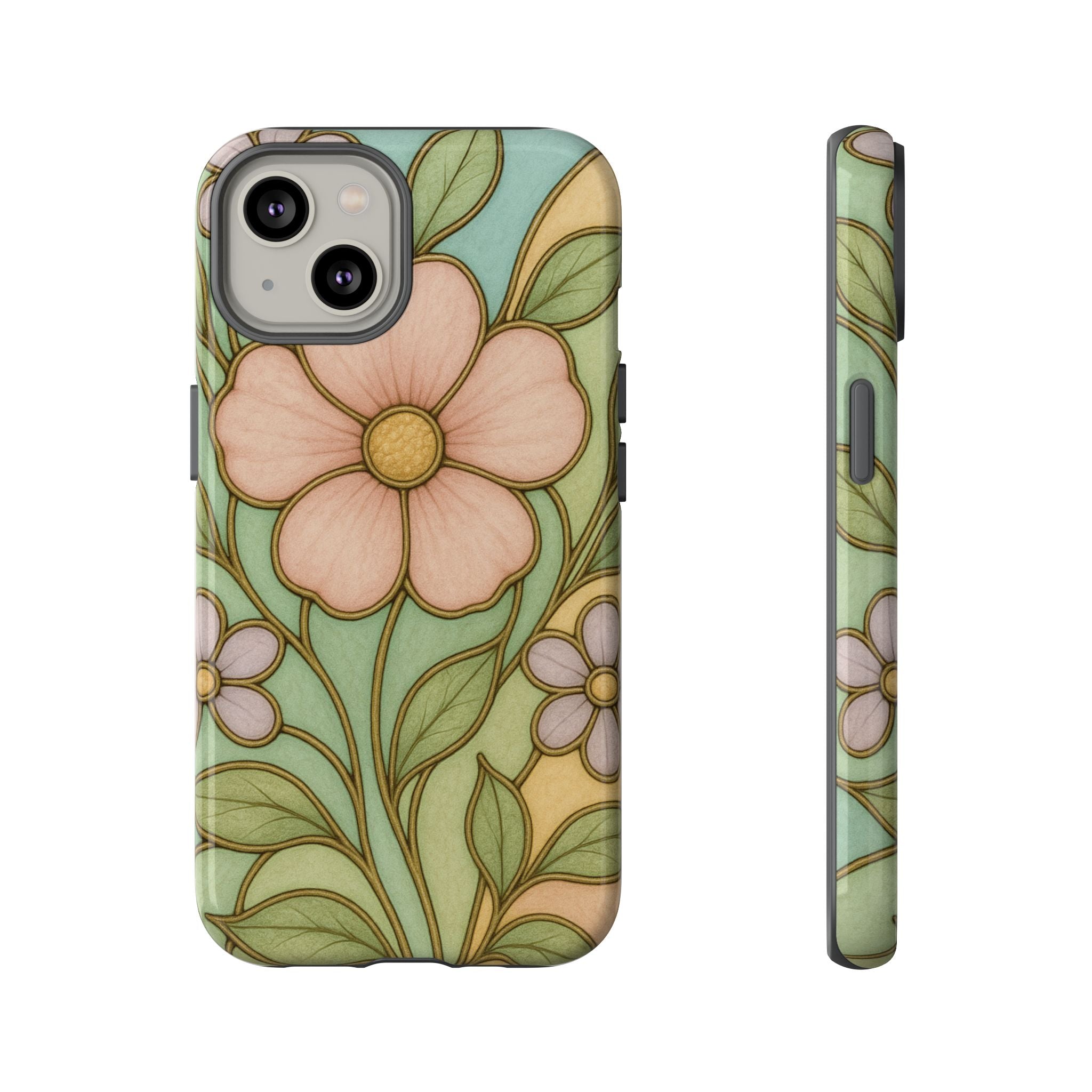 Pastel Pink, Yellow Stain Glass Illusion Floral Phone Case  Romantic Cottagecore Aesthetic, Soft Botanical Design, Protective Gift for Her, Fits iPhone & Samsung Models