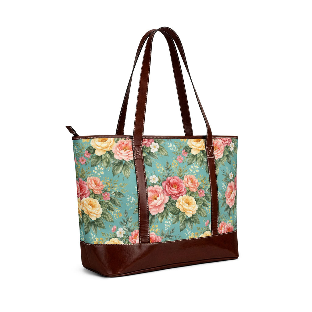 Sac à main vintage roses fleuries | Sac cabas motif rose sarcelle avec garniture en cuir