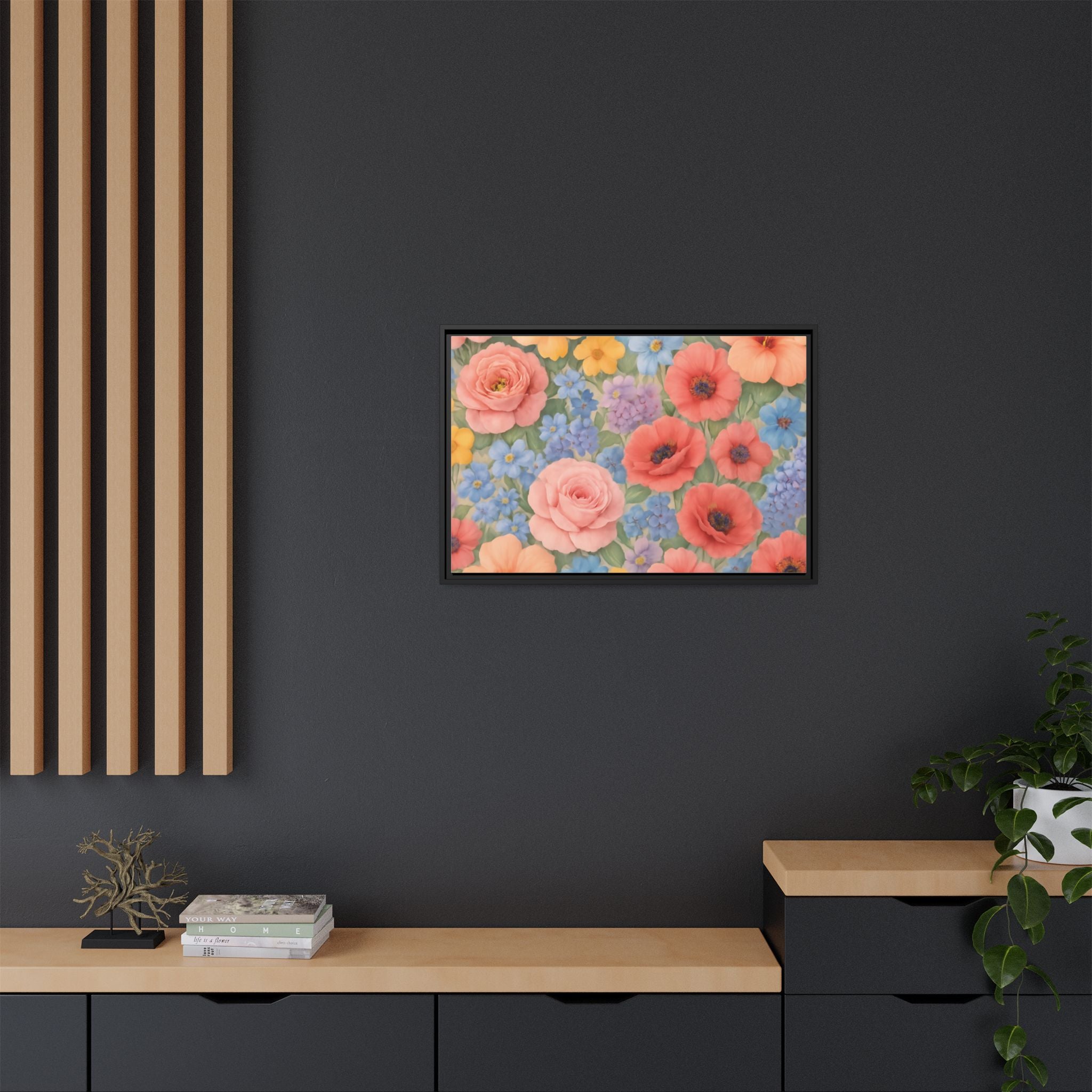 Luxury Framed Floral Canvas – Bold Multi-Color Botanical Wall Art, Elegant Nature-Inspired Accent for Living Room, Bedroom, or Office Décor Gift for Mom