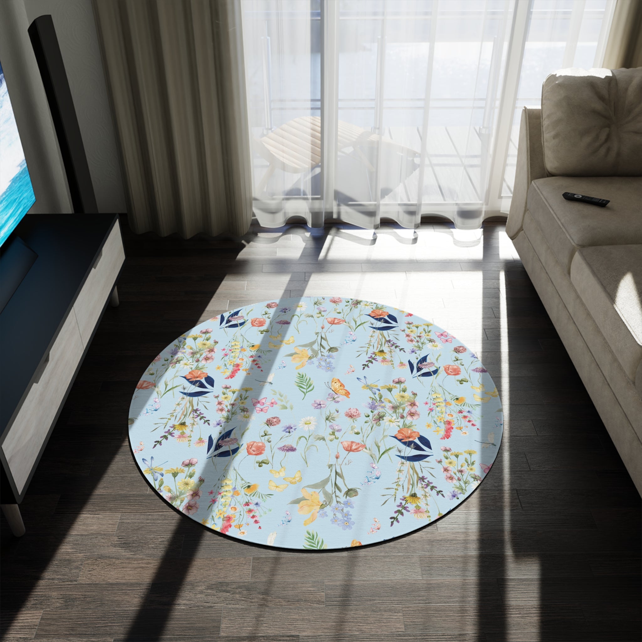 Icy Blue Watercolor Boho Wildflower Round Rug