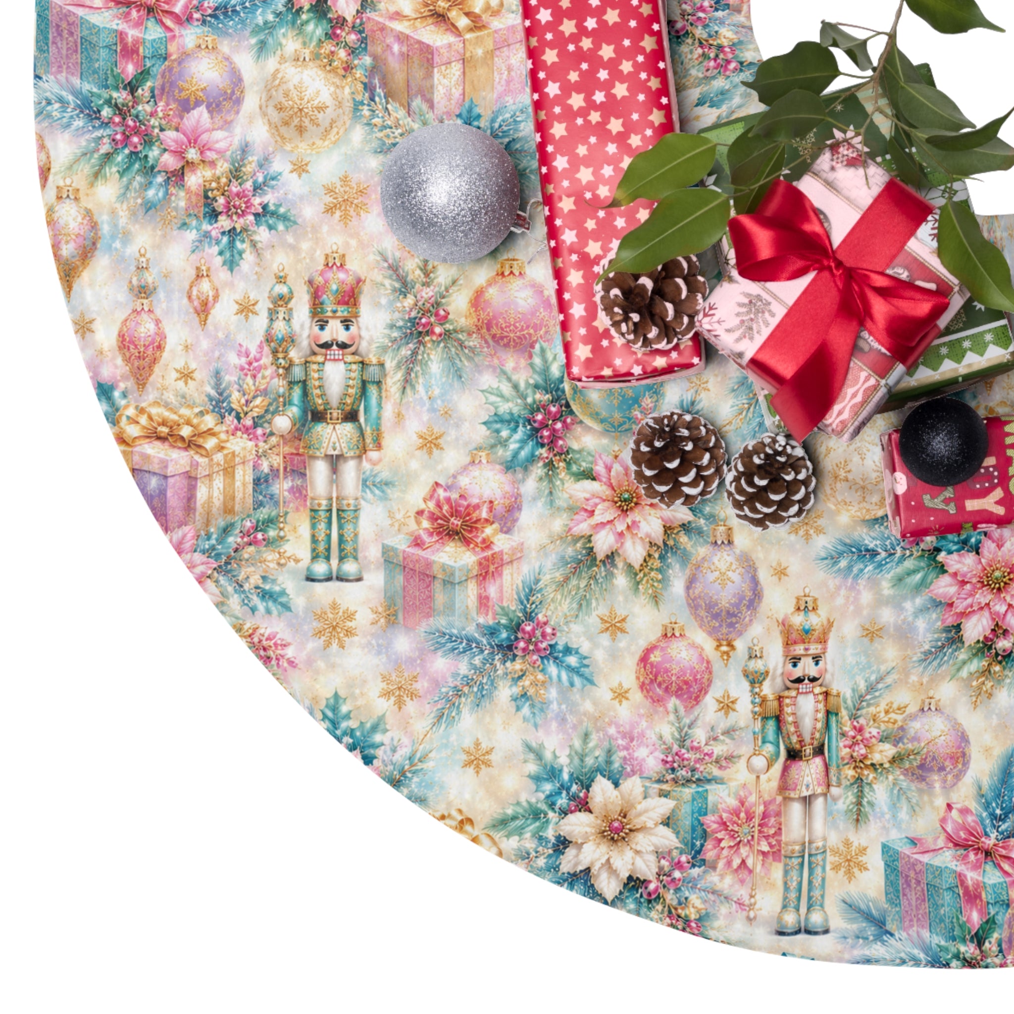 Nutcracker Poinsettia Christmas Tree Skirt — Vintage Pastel Holiday Tree Skirt