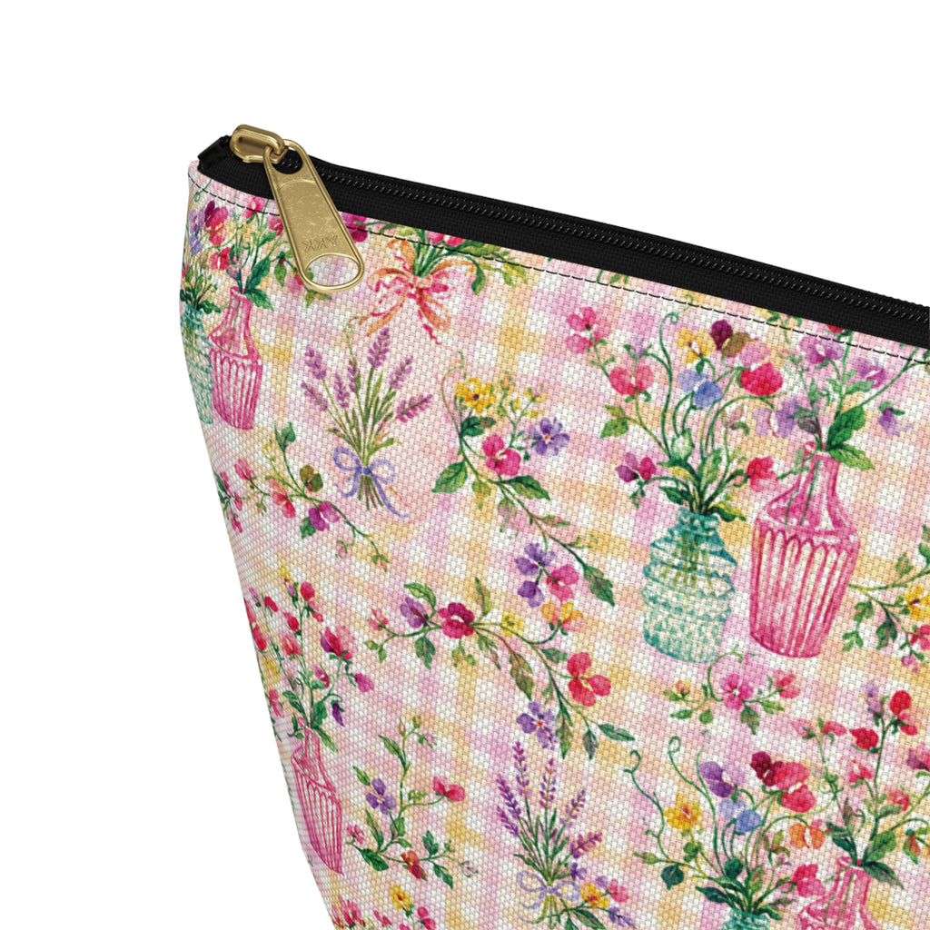 Trousse à accessoires à carreaux floraux turquoise et rose (fond en T) Maquillage, Sac cadeau pour elle