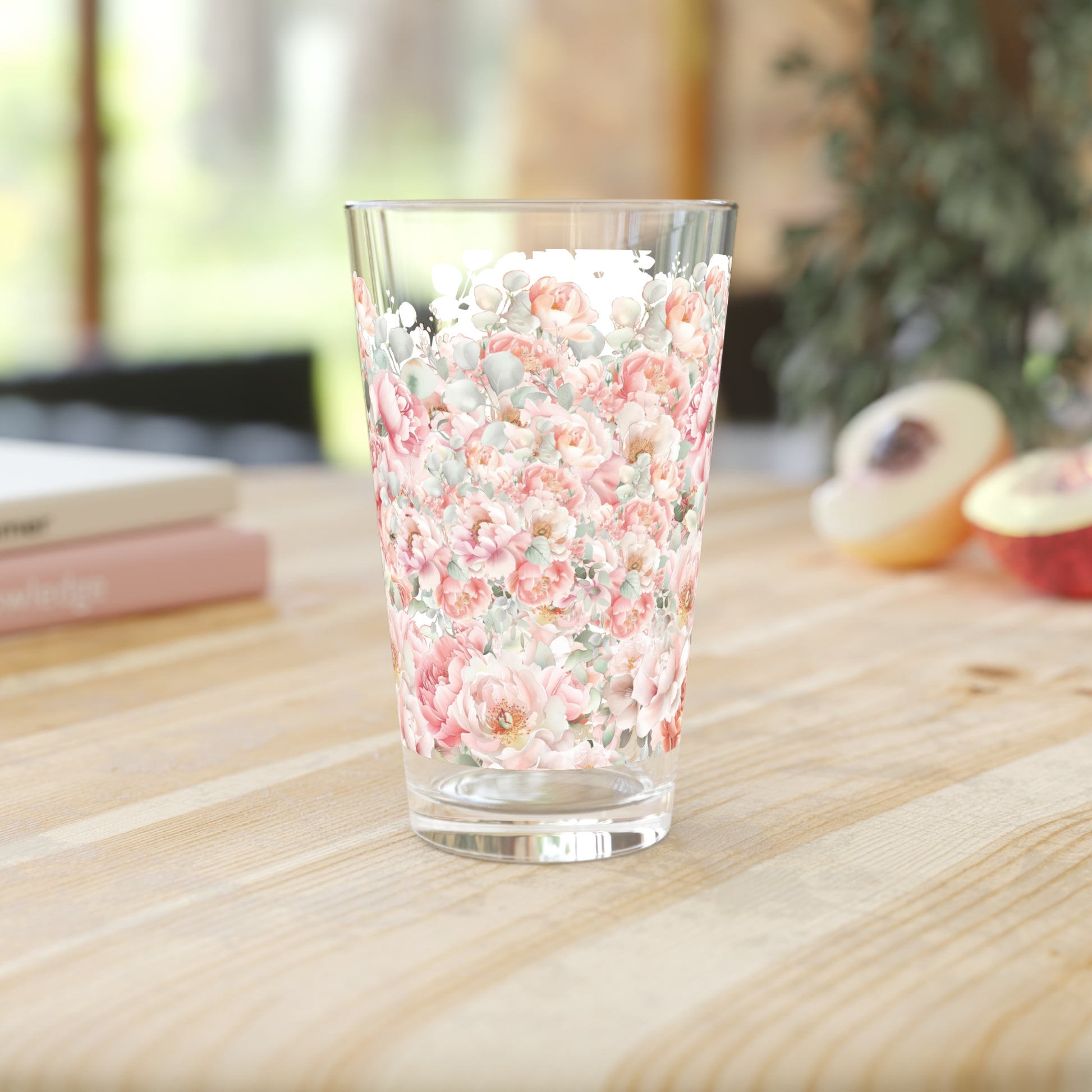 Floral Pink and Mint 16oz Pint Glass - Elegant Drinkware for Home Bar, Durable Glassware with Vibrant Design, Perfect Gift for Floral and Pastel Lovers - MRSBYVALLE