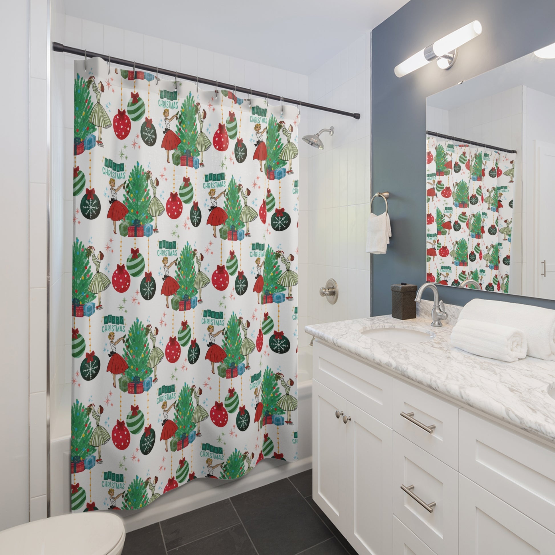 Retro Glam 50s Christmas Shower Curtain | Vintage Holiday Bathroom Decor, Festive Mid Century Xmas Gift, Retro Holiday StyleHooks Not Included