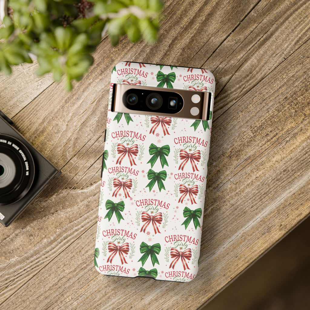 Girly Christmas Coquette Bows Pastel Phone Case for iPhone 17 16 15 23 Samsung, and Pixel | Stylish Protective Cover Gift for Her Perfect for Floral Lover
