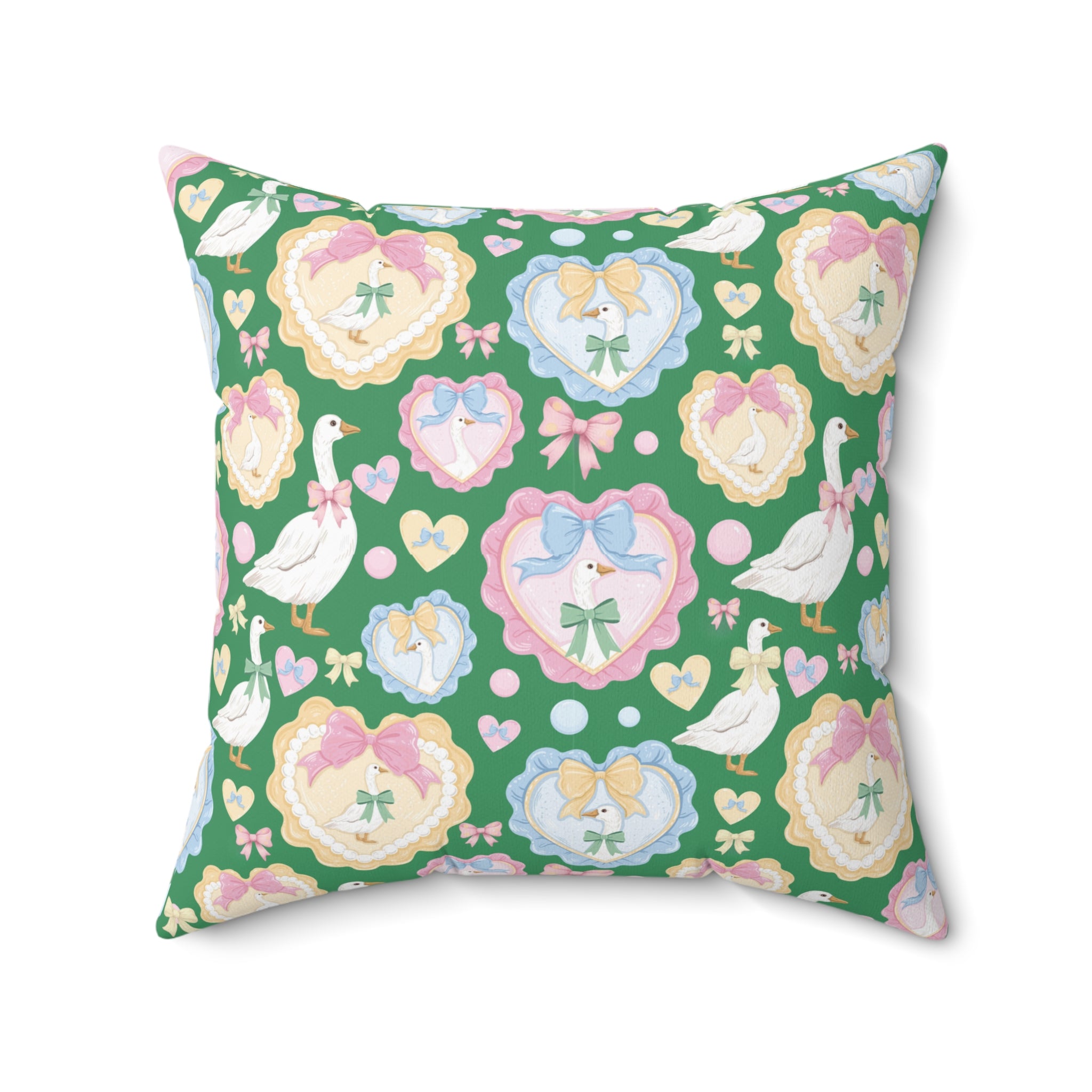 Whimsical Silly Goose Green Pillow with Pastel Bows & Hearts – Bedroom & Living Room Decor