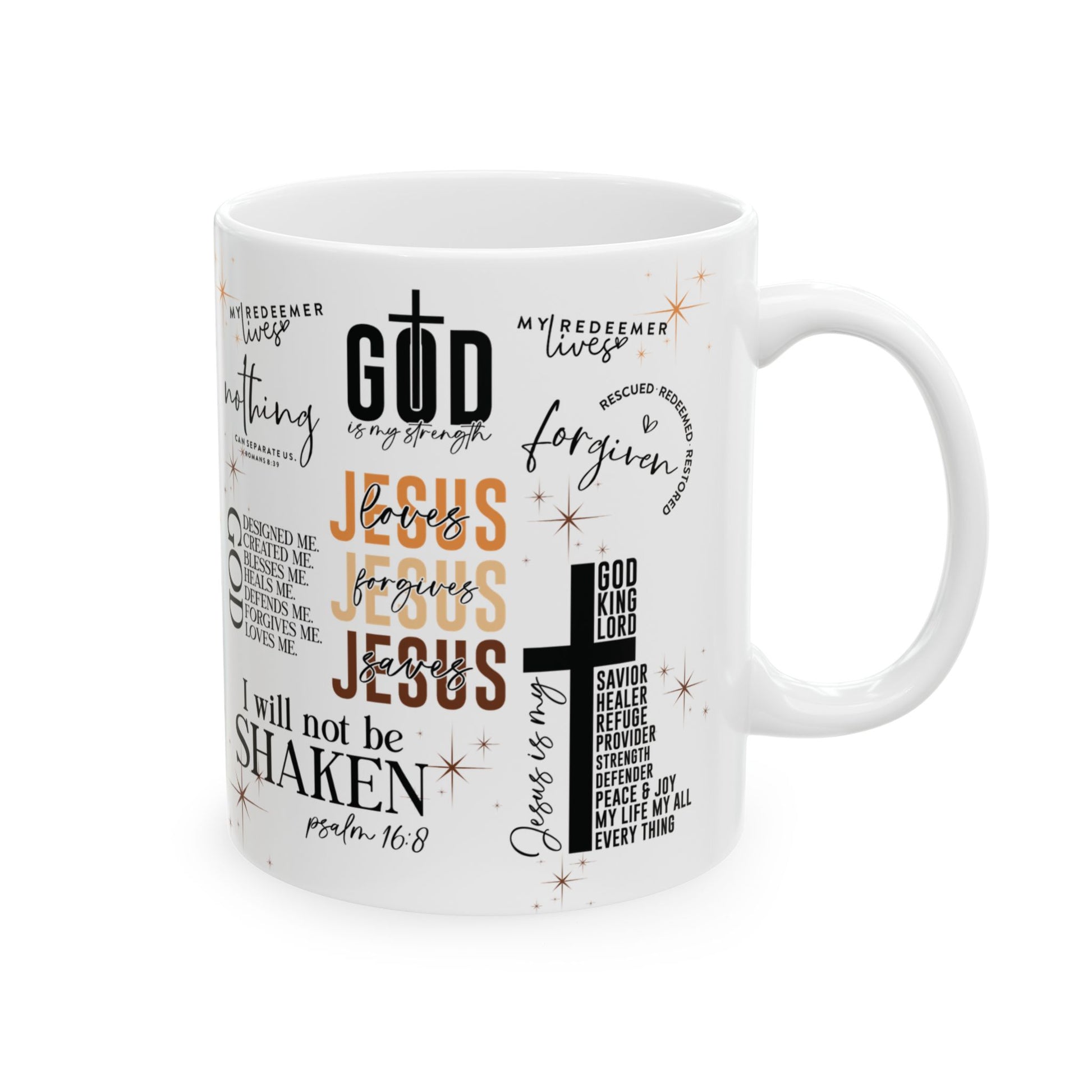 White mug with religious text and cross design on a white background