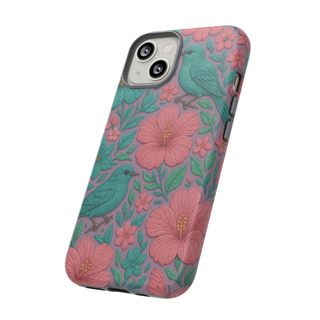 Turquoise, Pink and Lavender 3D Embroidery Illusion Phone Case Tropical Flowers, Birds & Butterflies Cover with Bold, Realistic Floral Texture iPhone, Samsung