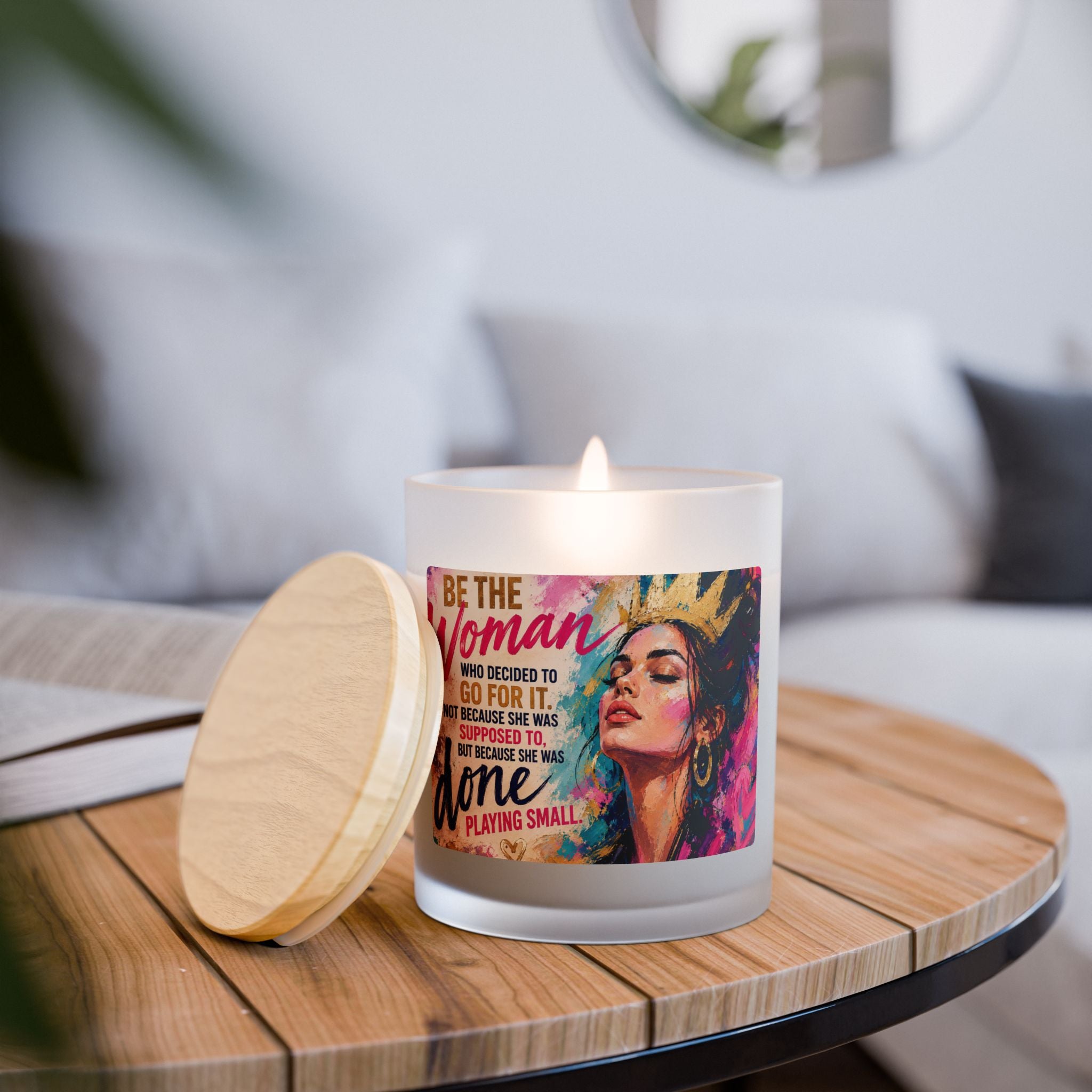 Inspirational Frosted Glass Candle — “Be the Woman Who Decides to GO FOR IT” (11 oz)