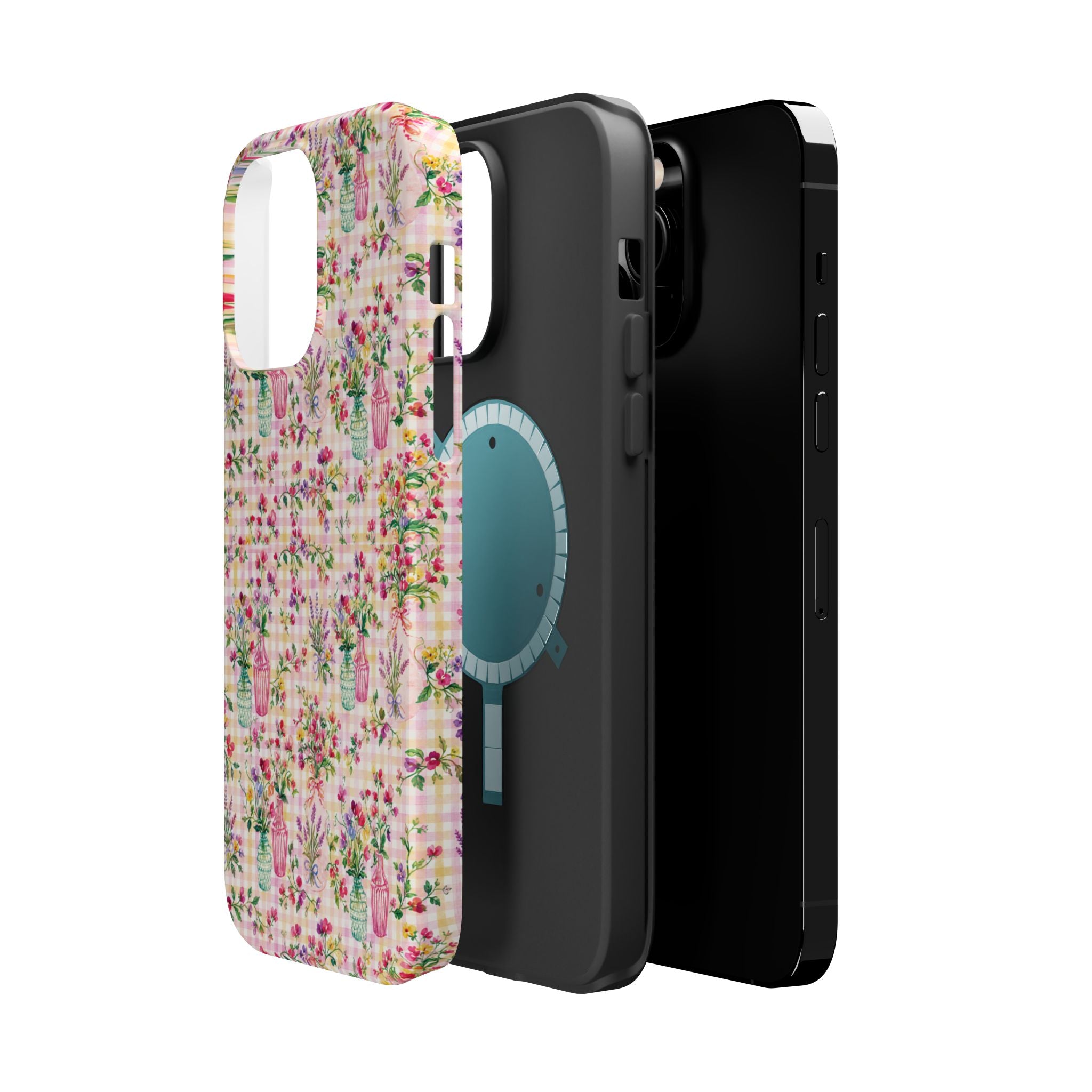 Turquoise & Pink Floral Checker Phone Case — Magnetic Impact-Resistant