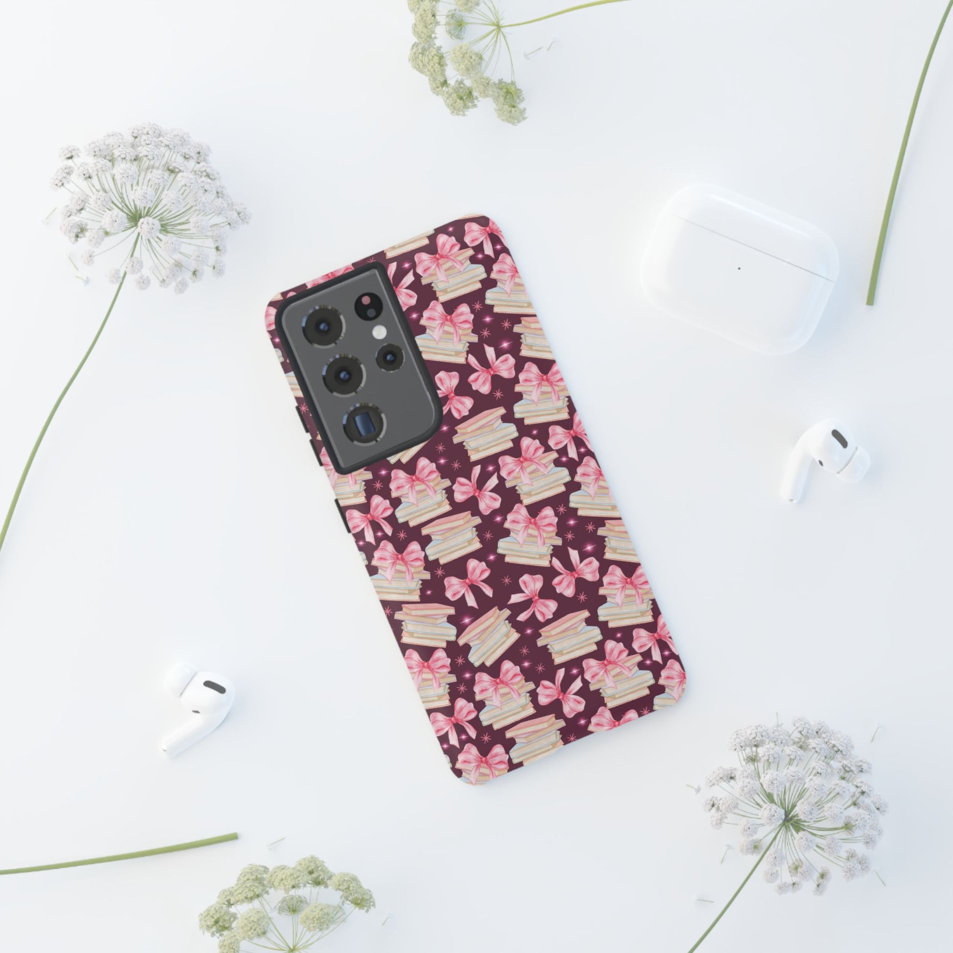 Coquette Pink Bows & Books Phone Case for iPhone 16 15 14 13 12  21 23 Samsung, and Pixel | Stylish Protective Cover Gift for Her Perfect for Floral Lover