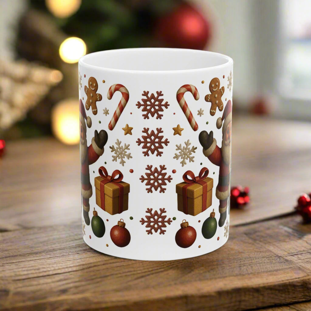 Santa & Tree Christmas Mug 11oz & 15oz Holiday Cup with Gingerbread, Candy Canes, Gifts – Perfect for Cocoa, Coffee, or Winter Mornings