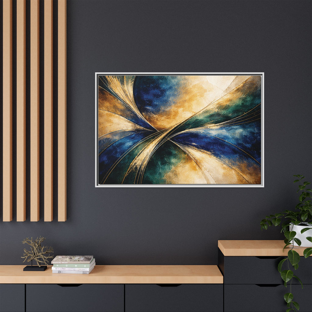 Gilded Convergence  Luxe NeoDeco Blue & Gold Abstract Wall Art Framed
