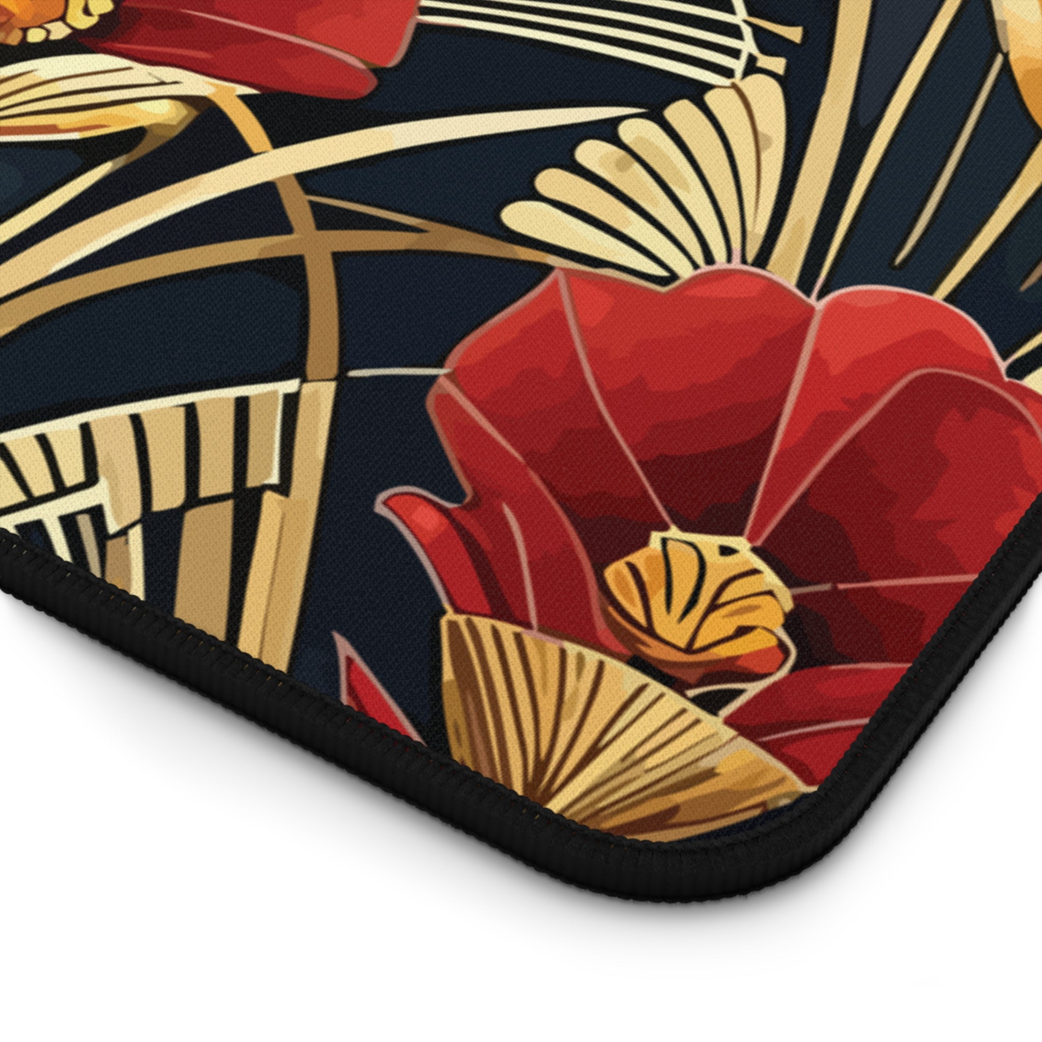 Art Deco Red Flower Black & Gold Desk Mat — Vintage Floral Desk Pad