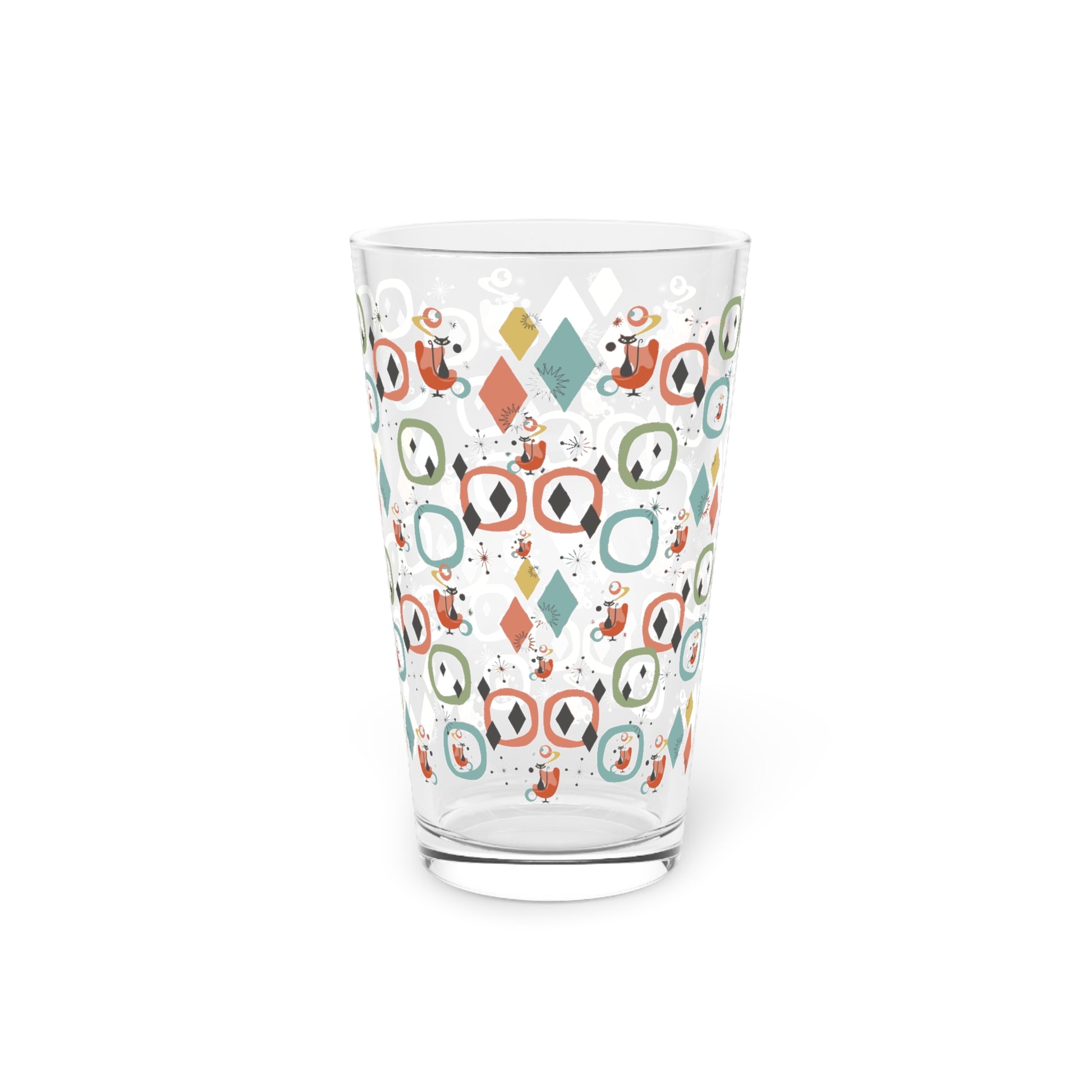 Retro Mid-Century Atomic Cat 16oz Pint Glass Mid-Century Modern Retro Style for Cocktails, Mocktails, Beer, and Water Perfect for Every Occasion Mother's Day Party Drinkware, Housewarming Perfect Gift Party Drinkware, Cocktail, Wedding Perfect for Parties - MRSBYVALLE