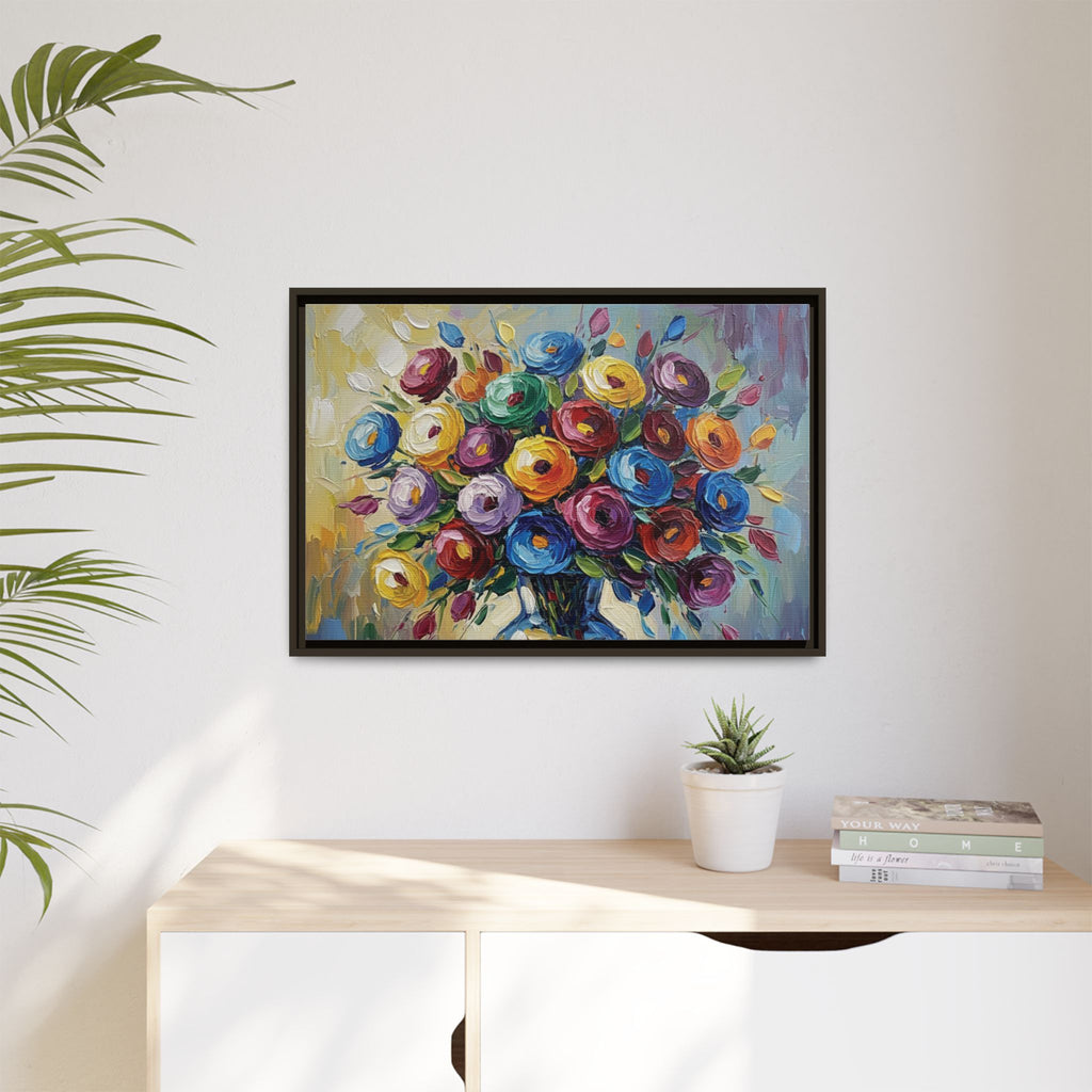 Impression sur toile bouquet floral aquarelle - Tableau mural encadré mat - Illusion de peinture à l'huile vibrante