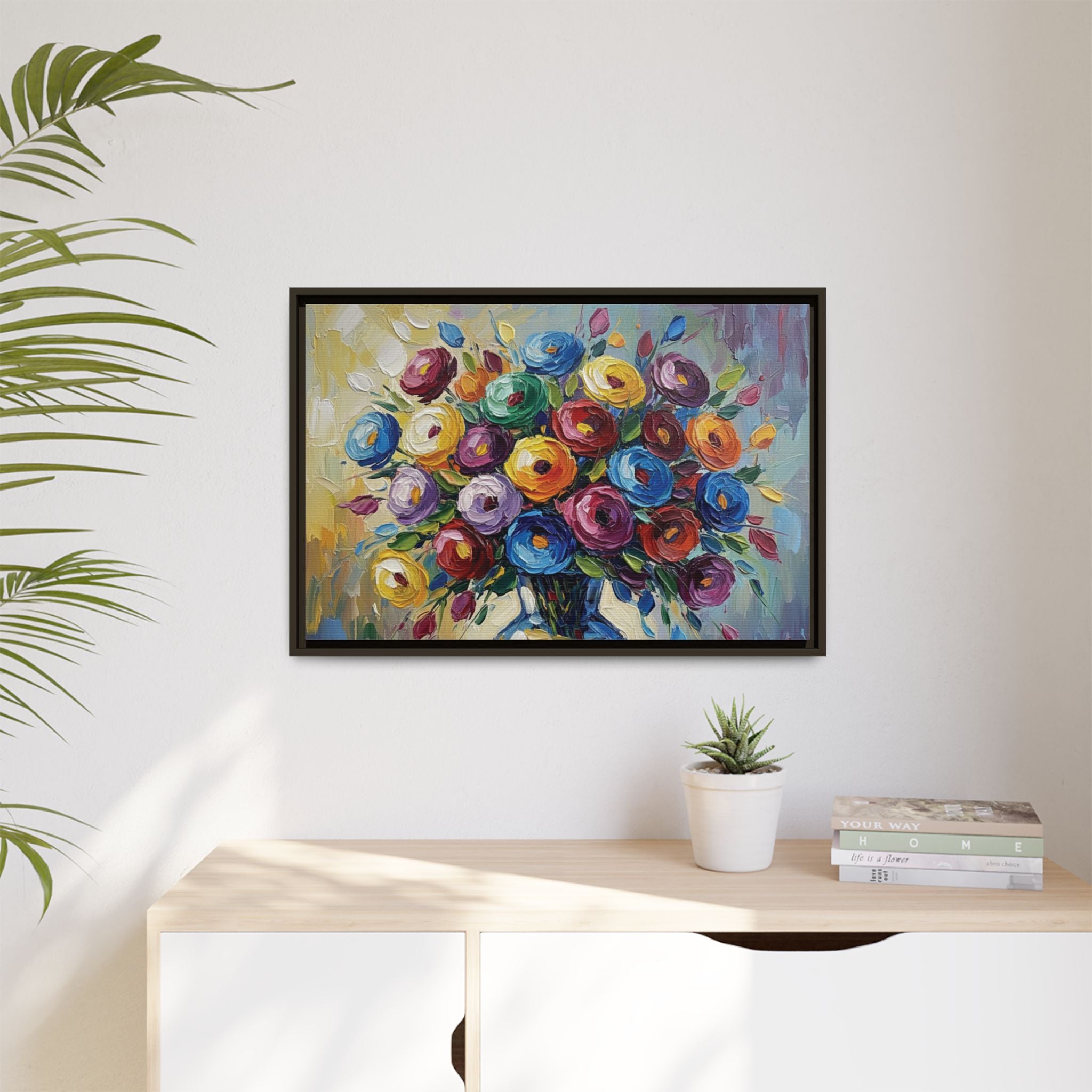 Impression sur toile bouquet floral aquarelle - Tableau mural encadré mat - Illusion de peinture à l'huile vibrante