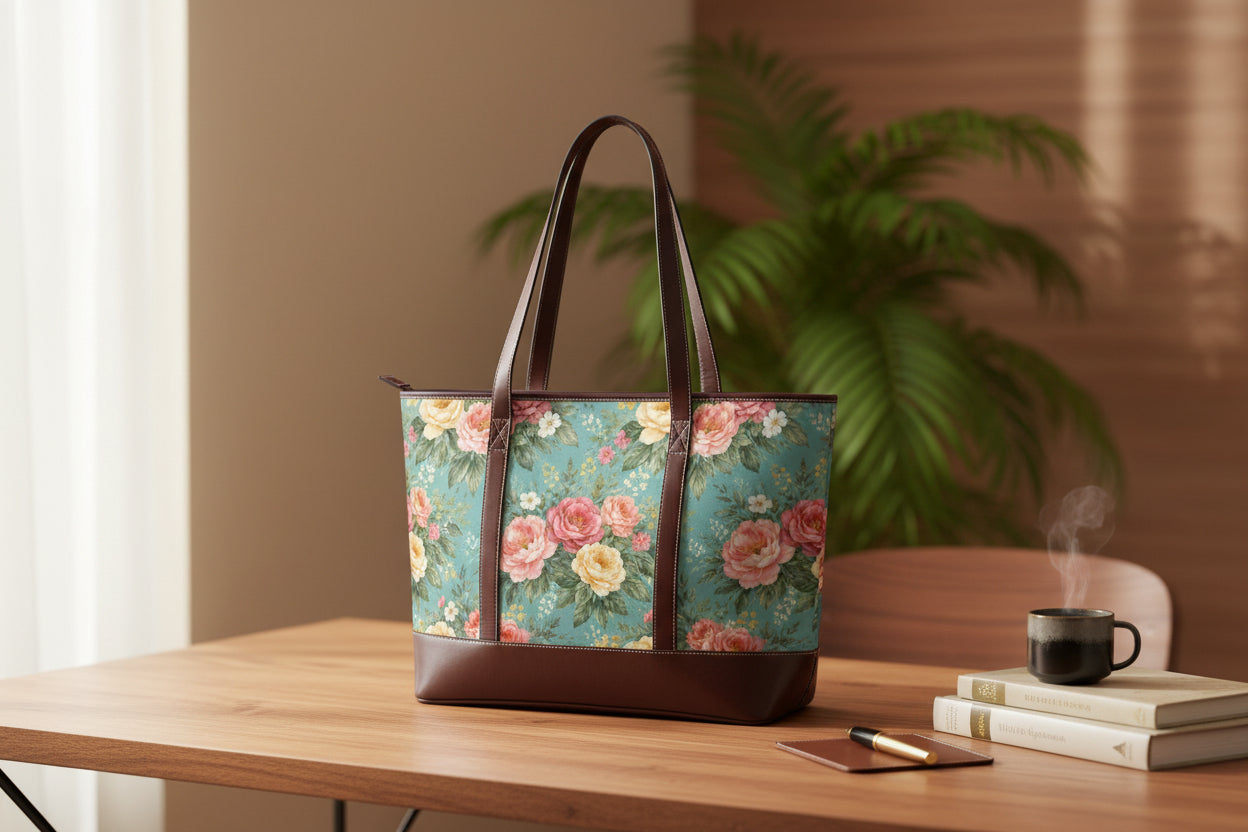 Floral tote bag with brown handles and trim on a white background