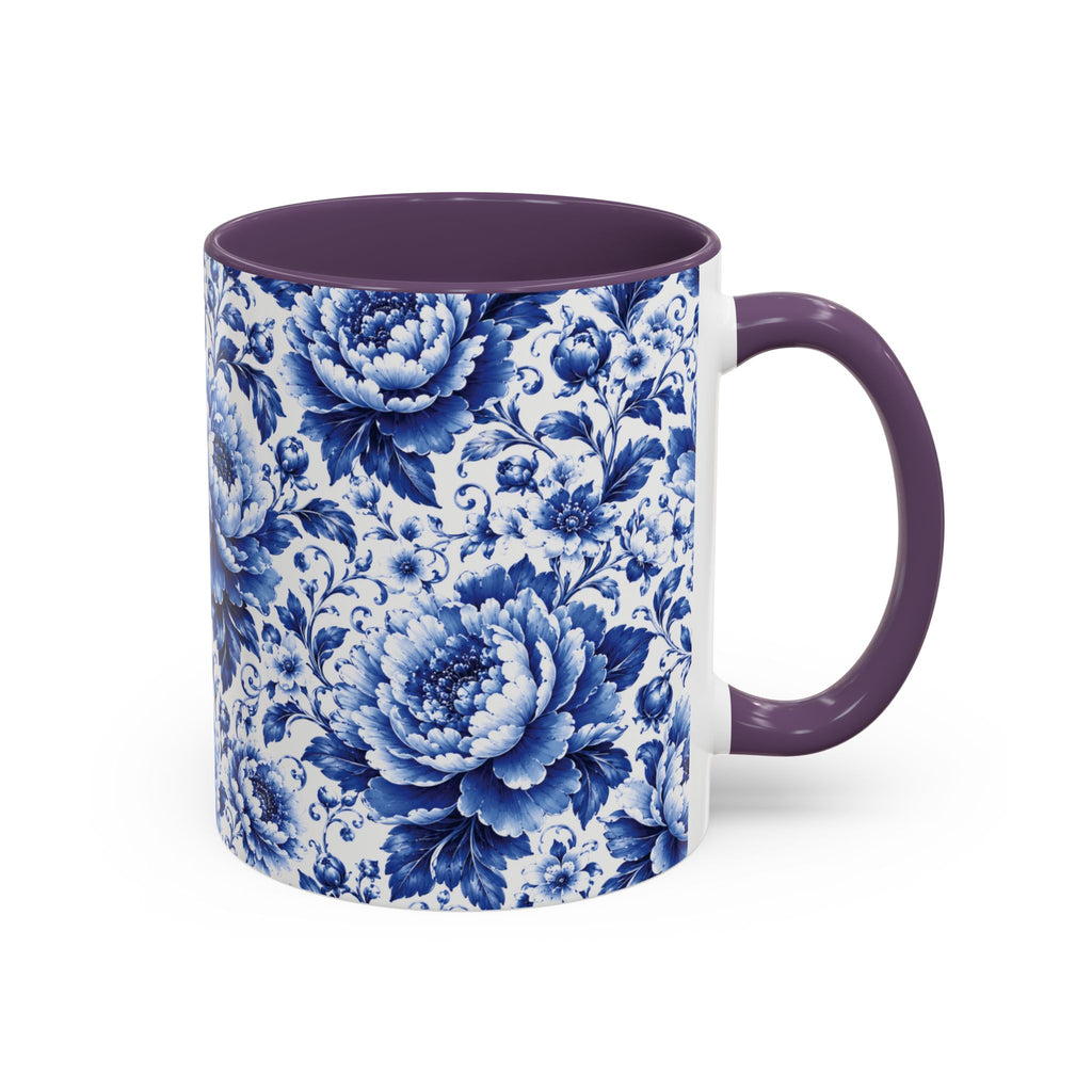 Blue Floral Ceramic Coffee Mug — Vintage Delft Peony Accent (11oz & 15oz) Blue & White Chinoiserie Tea Mug