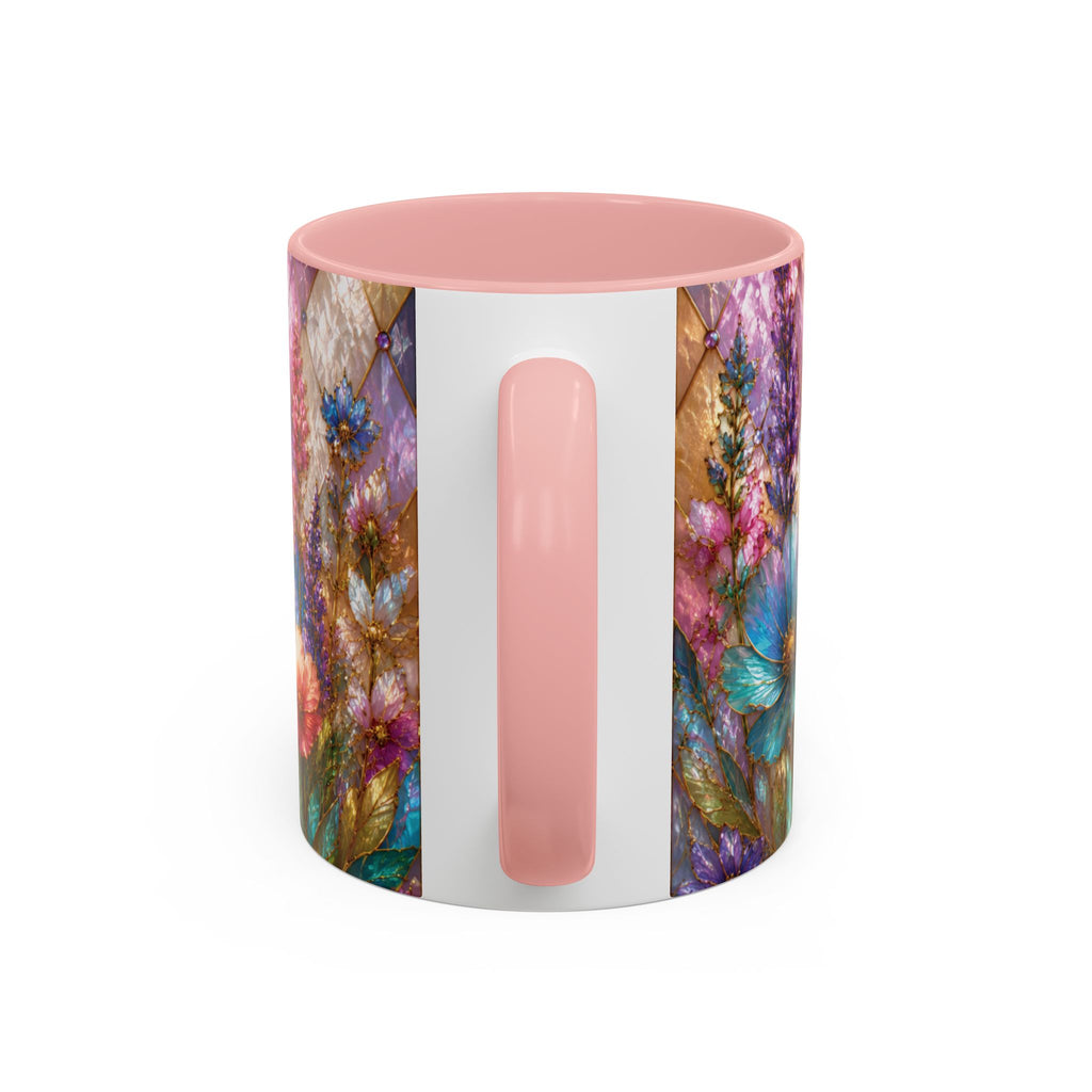 Floral Mosaic Accent Coffee Mug — Colorful Garden Flowers 11/15oz Stain Glass Illusion