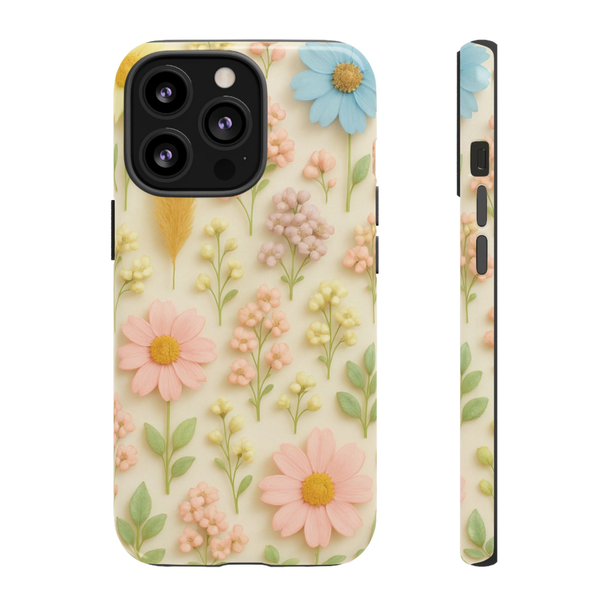 Pastel Dried Flowers Illusion Phone Case 3D Realistic Pressed Floral Design, Bright Botanical Aesthetic, Soft Nature-Inspired CoveriPhone & Galaxy