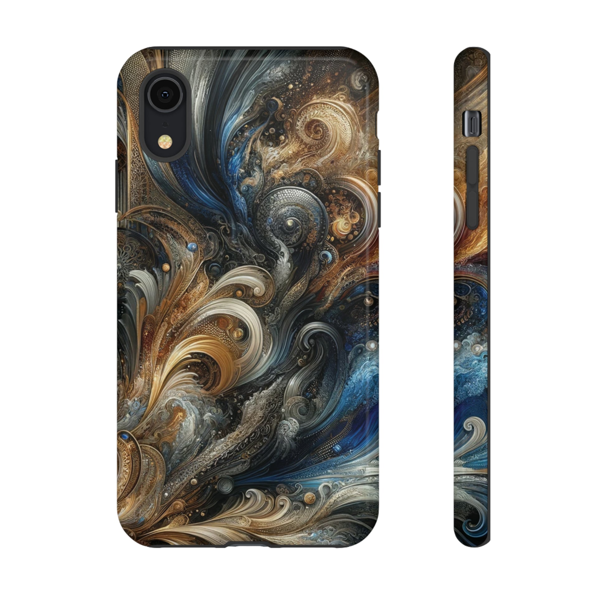 Gold and Navy Art Design Luxury Phone Tough Case Floral Elegant Durable Stylish for Modern Devices iPhone 15, Samsung iPhone Samsung Accessory Gift for Her.