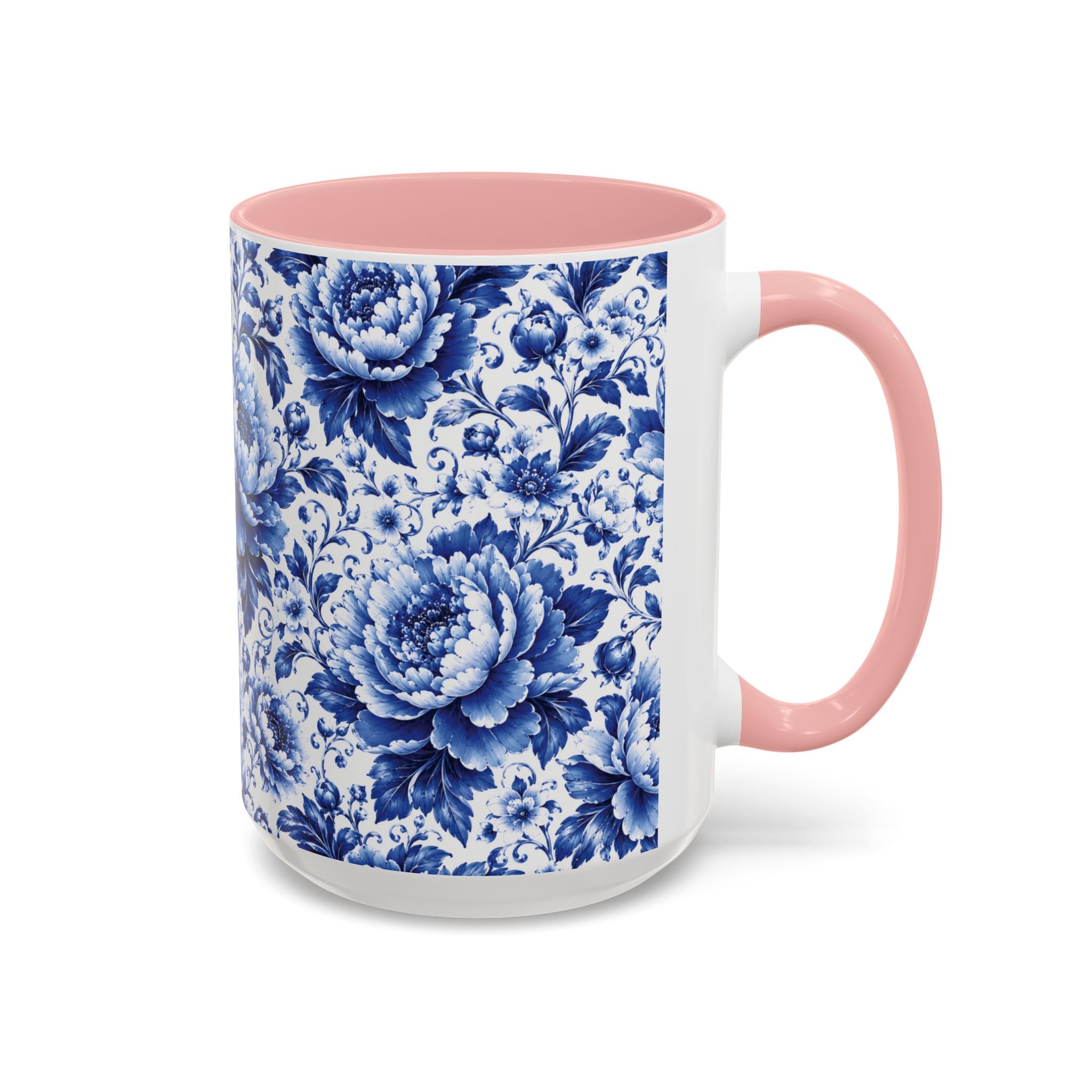 Blue Floral Ceramic Coffee Mug — Vintage Delft Peony Accent (11oz & 15oz) Blue & White Chinoiserie Tea Mug