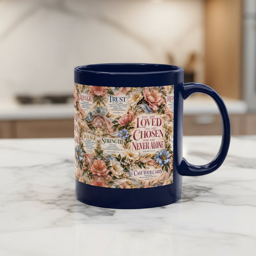 A navy blue ceramic mug featuring a vintage-style floral and scripture print on the front, set against a plain white background.