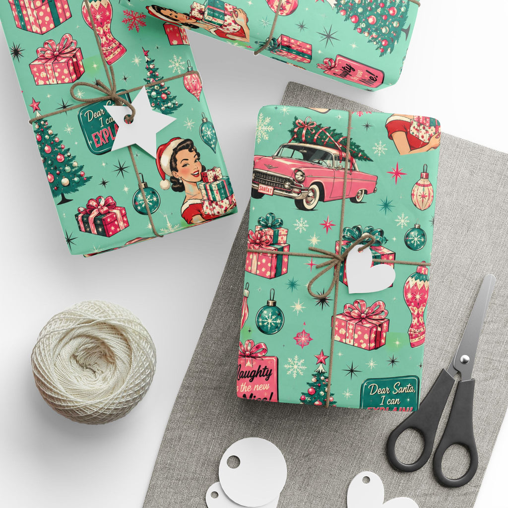 Funny Retro Christmas Wrapping Paper  Vintage Pink Holiday Gift Wrap  Mid Century Christmas Gifts Cute Nostalgic Xmas Paper