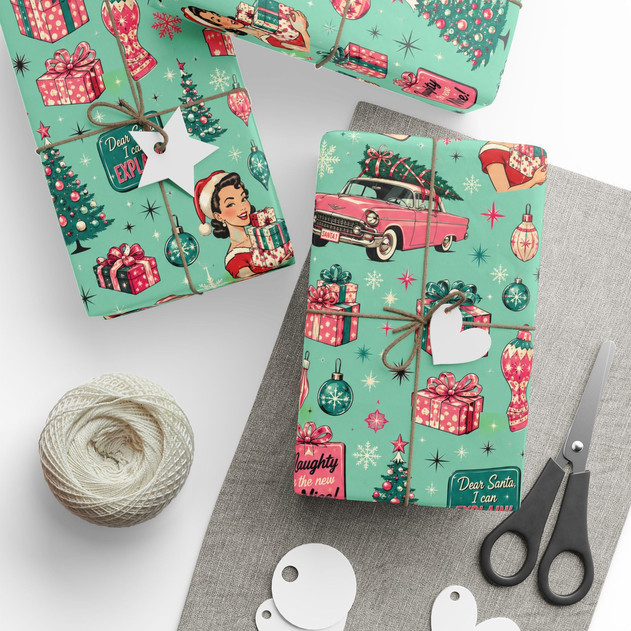 Funny Retro Christmas Wrapping Paper  Vintage Pink Holiday Gift Wrap  Mid Century Christmas Gifts Cute Nostalgic Xmas Paper