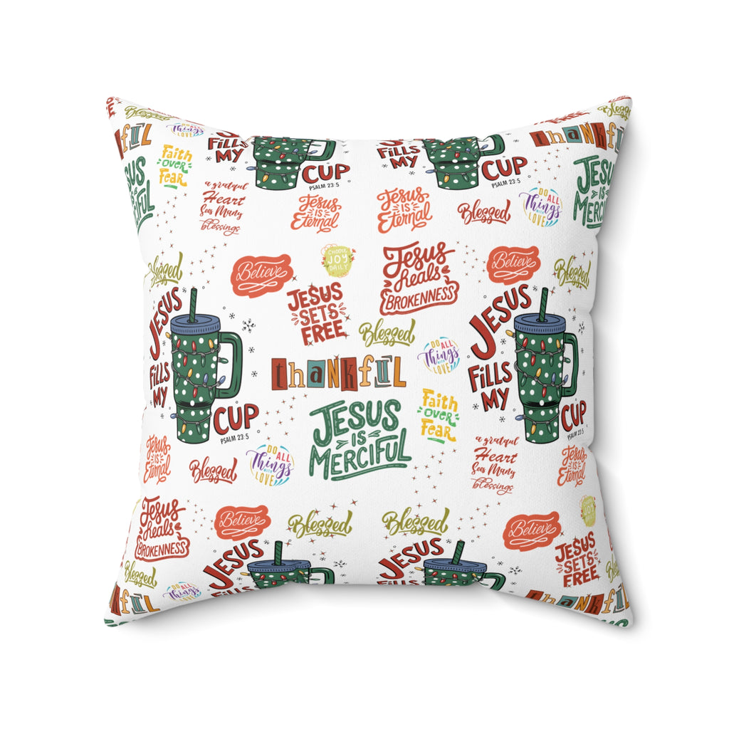 Coussin carré "Jesus Fills My Cup" – Verset biblique inspirant et affirmation chrétienne – Coussin décoratif pour la maison ou le bureau – Cadeau pour pasteur