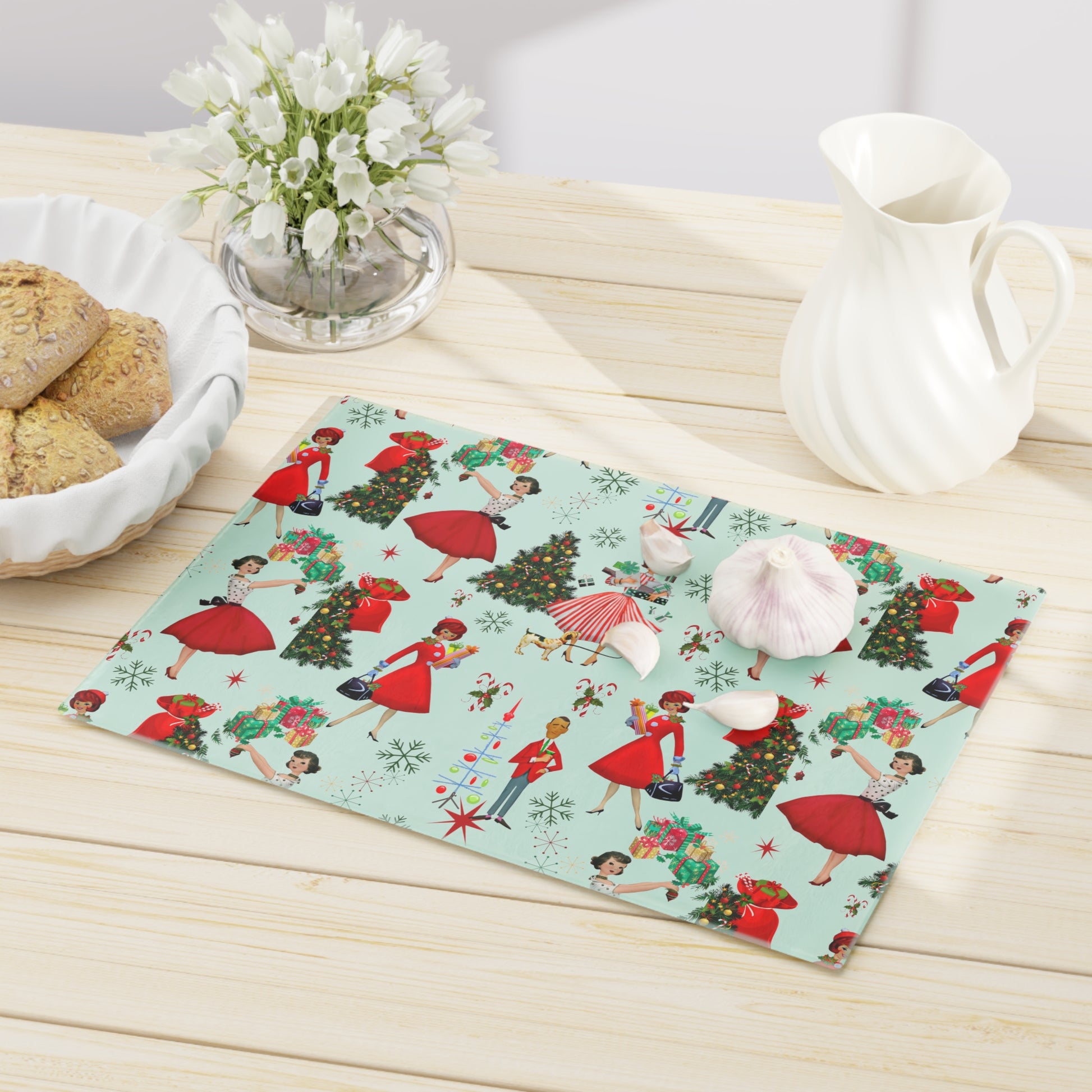 New House Tempered Glass Cutting Board with 1950s Vintage Retro Christmas Design Ultra-Durable Kitchen Accessory for Stylish Cooking Kitchen Decor Housewarming, New House Gift - MRSBYVALLE