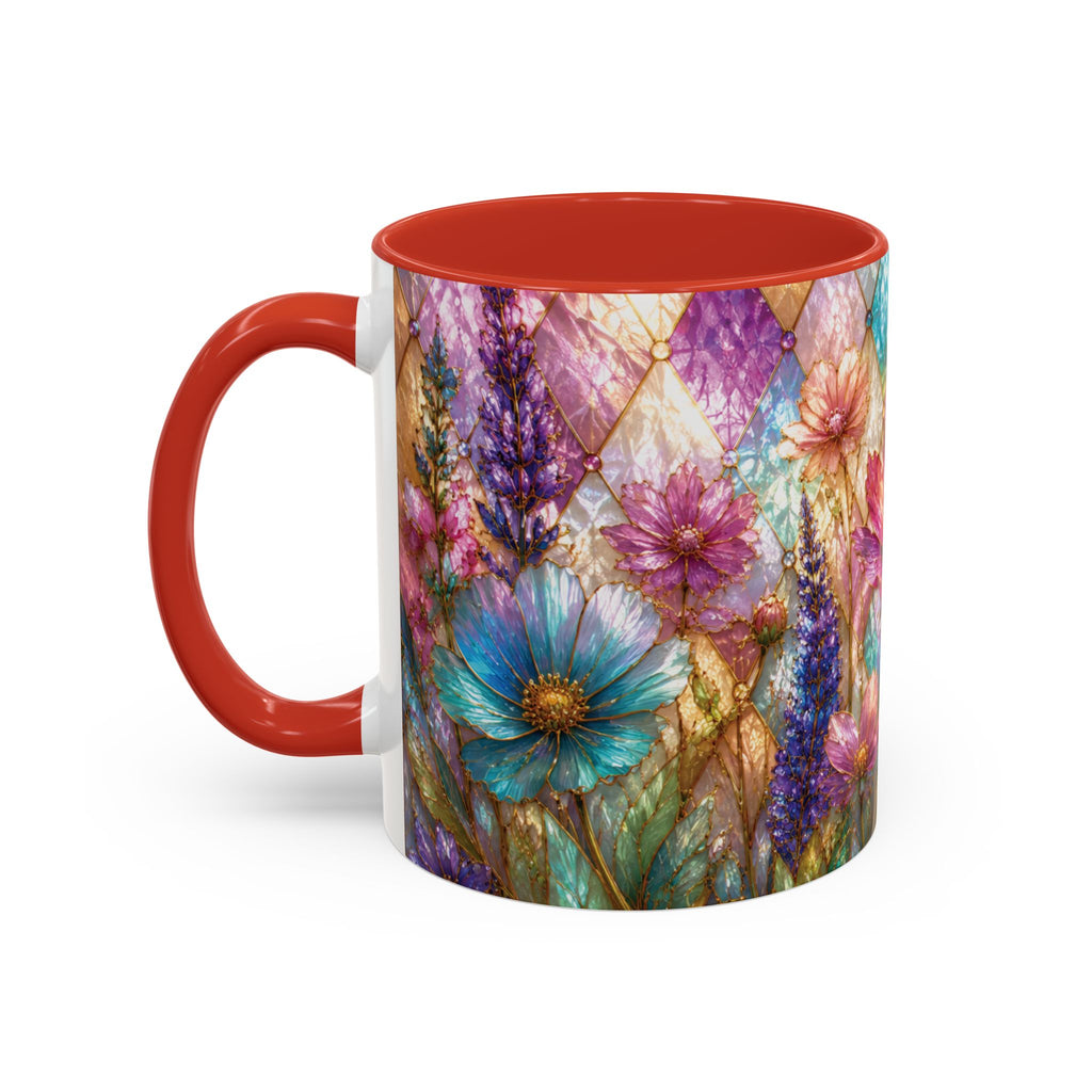 Floral Mosaic Accent Coffee Mug — Colorful Garden Flowers 11/15oz Stain Glass Illusion