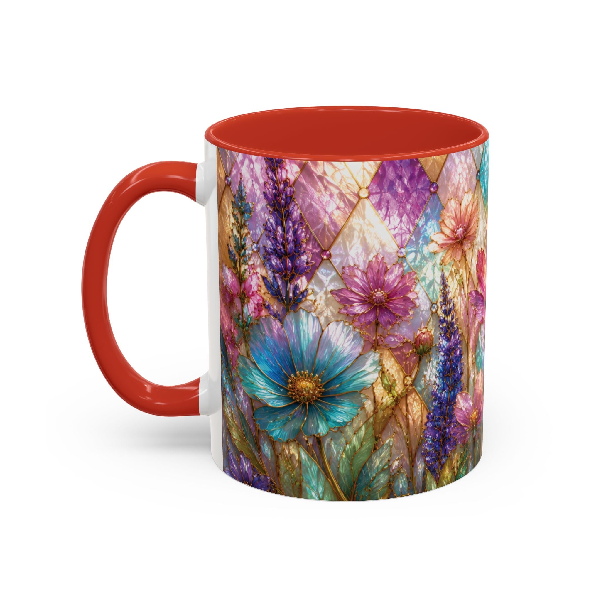 Floral Mosaic Accent Coffee Mug — Colorful Garden Flowers 11/15oz Stain Glass Illusion