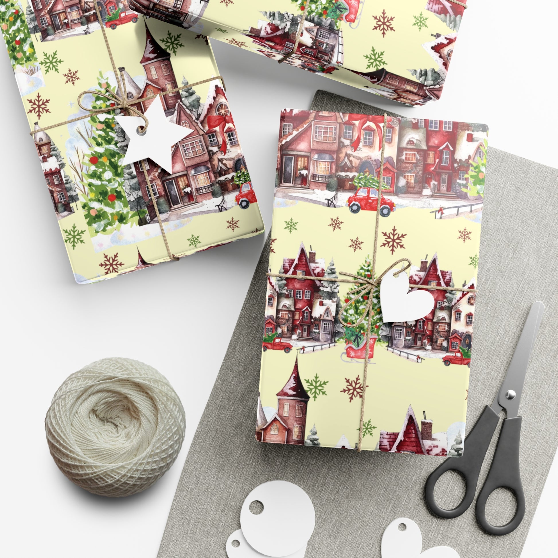 Christmas Village Wrapping Paper Whimsical Winter Wonderland with Pastel Trees, Snowflakes, and Festive Gifts Perfect for a Magical Holiday Season in Matte/Satin, All Occasion - MRSBYVALLE
