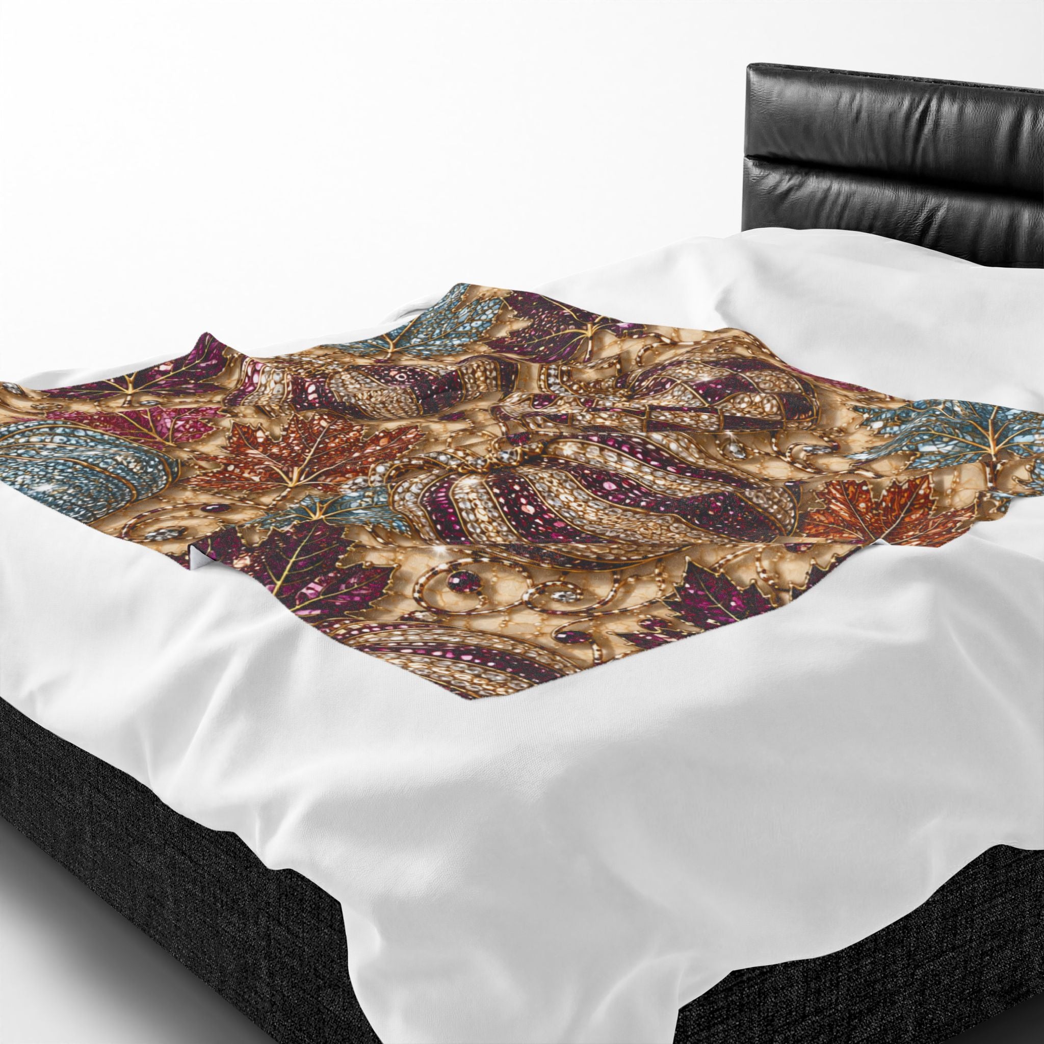 Plush Blanket - Jewel-Toned Decorative Pumpkins & Leaves Fall Throw Rhinestone Faux