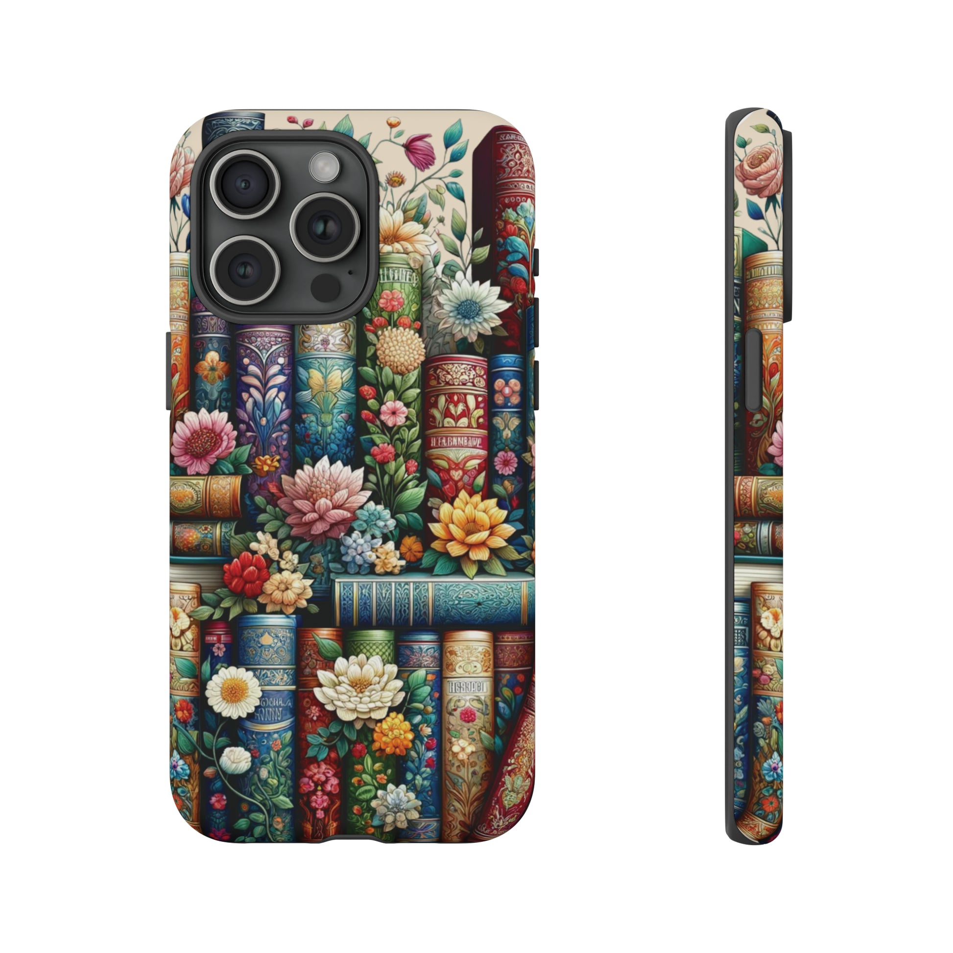 Books and Floral Boho Luxury Phone Tough Case Floral Elegant Durable Stylish for Modern Devices iPhone 15, Samsung iPhone Samsung Accessory Gift for Her.