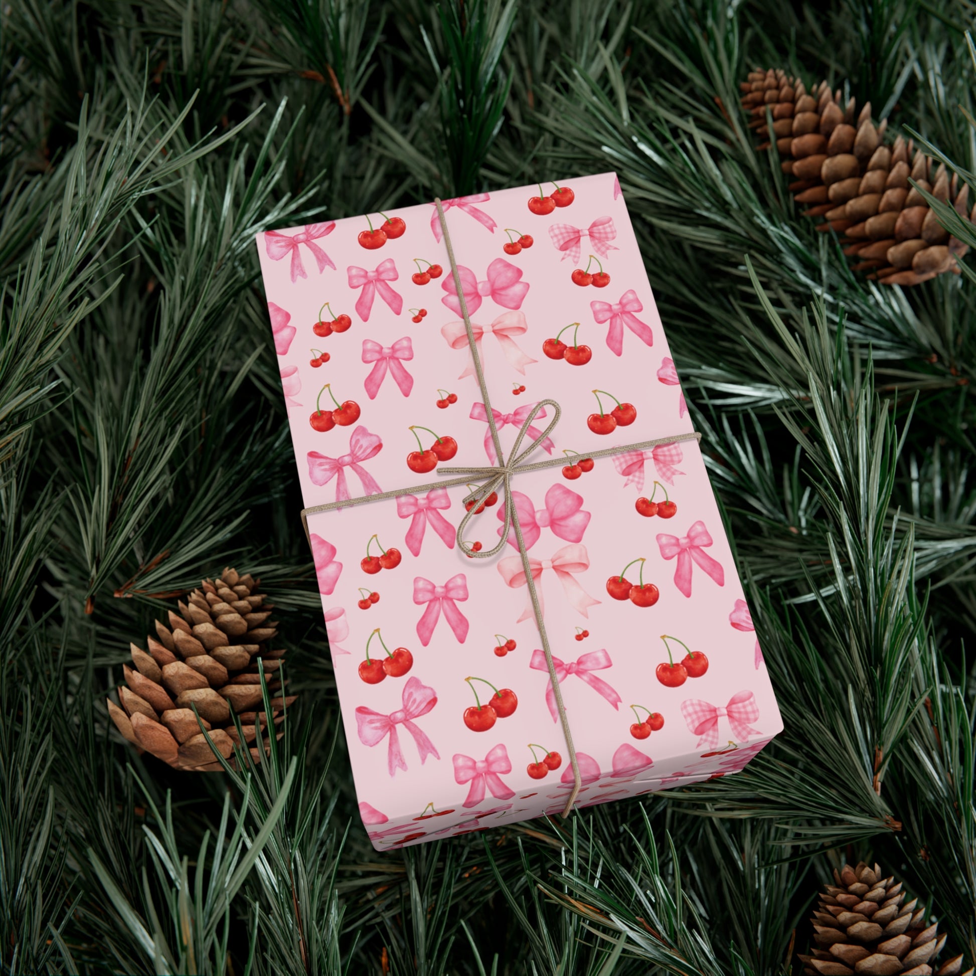 Pink Chic Coquette Wrapping Paper Pink Bows Cherries Elegance Perfect for Gifts Weddings, Bridal Baby Showers All Occasion.