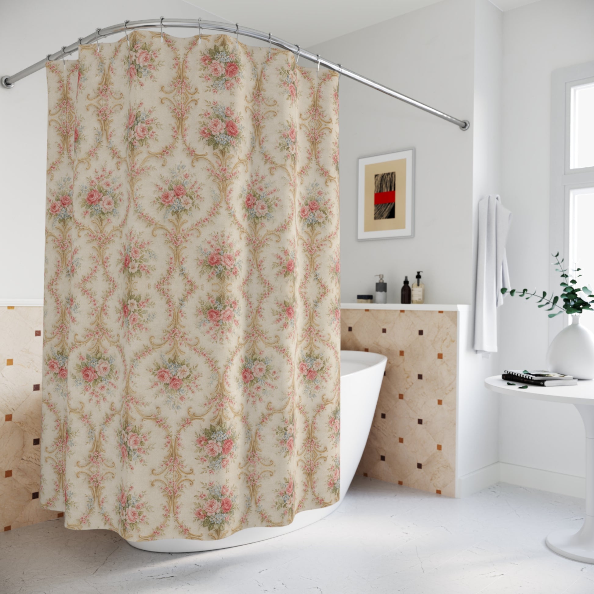 Luxury French Baroque Floral Shower Curtain  3D Pastel Roses  Gold Scrollwork Elegant Vintage Bathroom Upgrade Timeless Romantic Decor